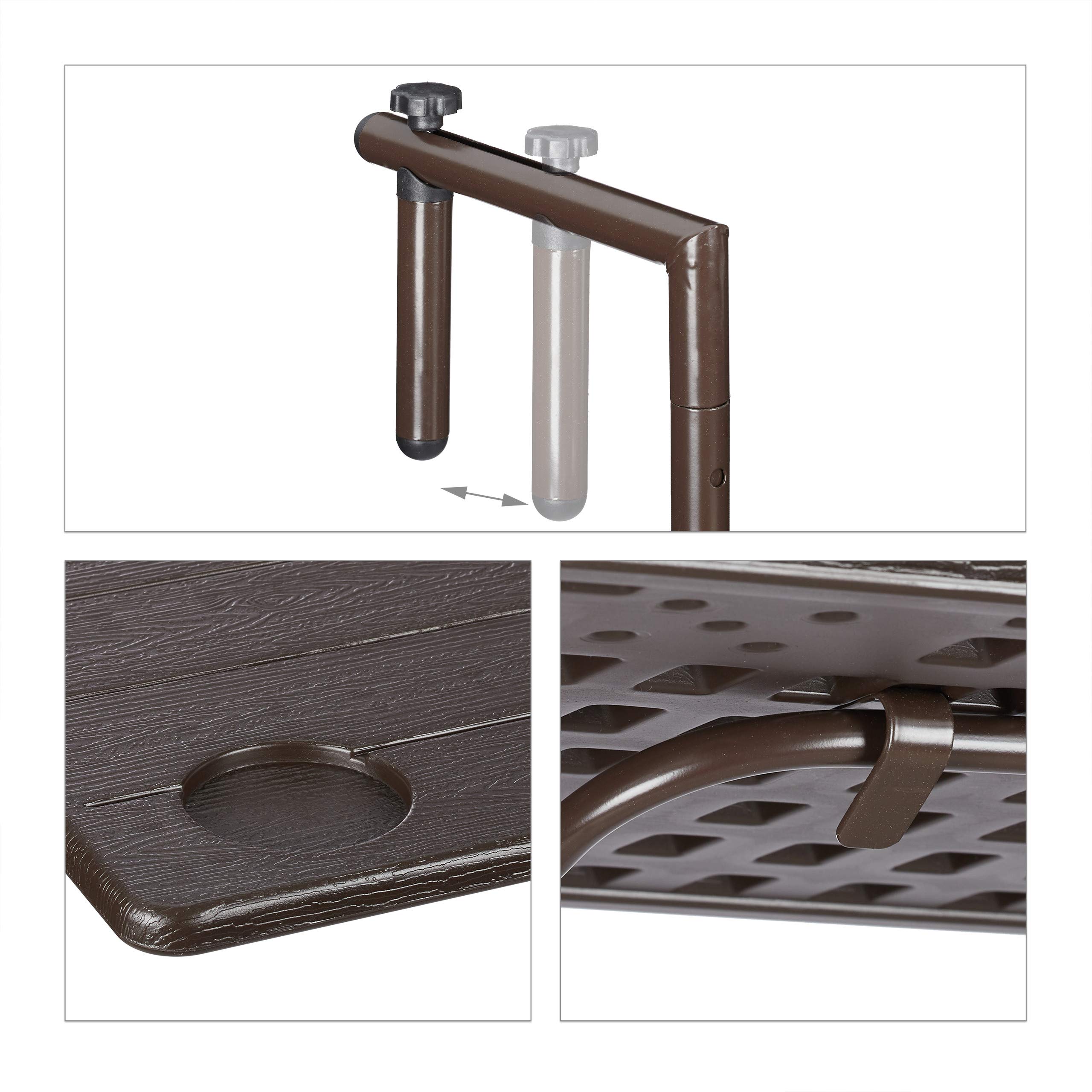 Relaxdays Table Balcon Suspendue Pliante Réglable Hauteur 3 Niveaux Aspect Bois 59,5 x 36 cm Marron