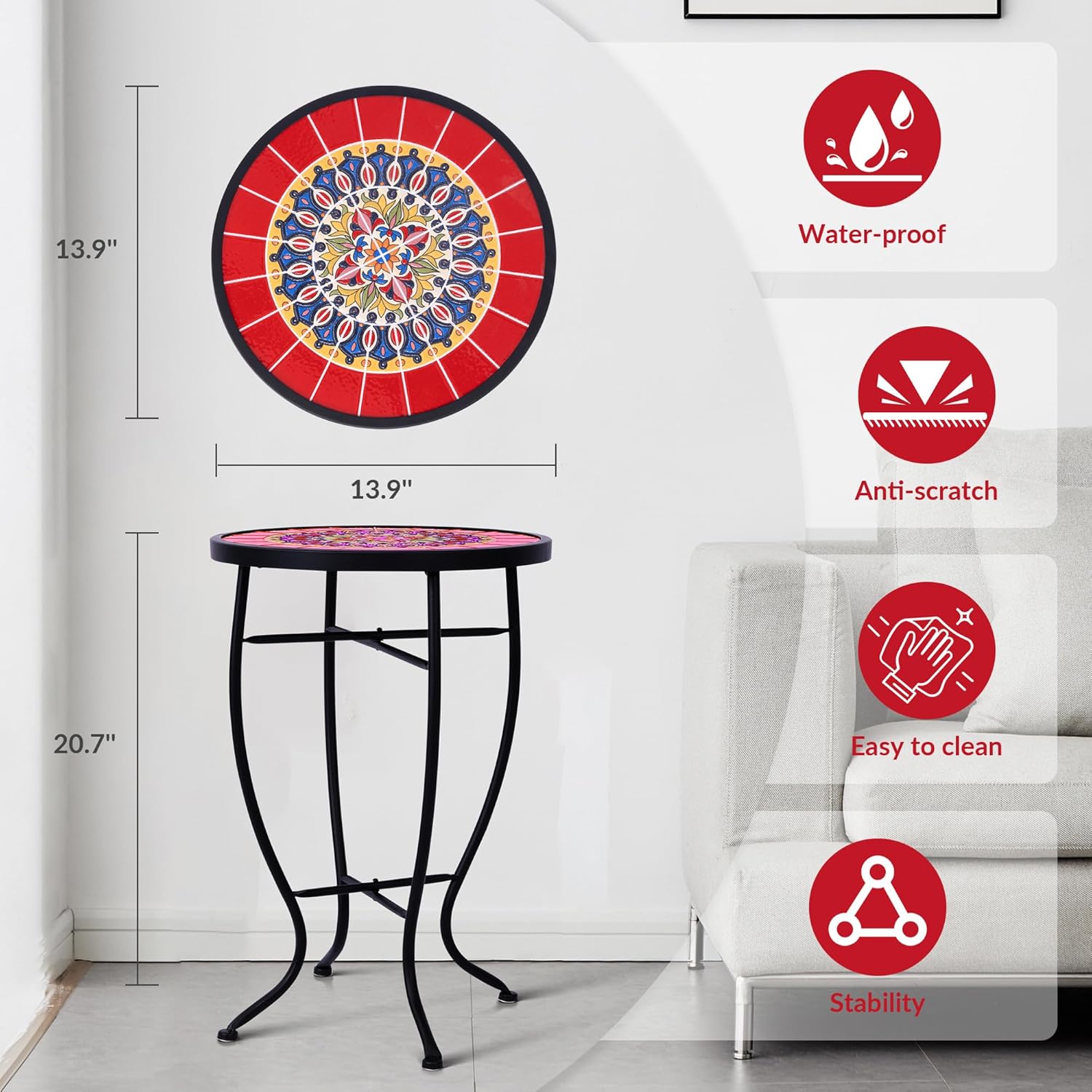 Elevon 14 Inch Round Side Ceramic Tile Top Indoor and Outdoor Accent Table, Sun