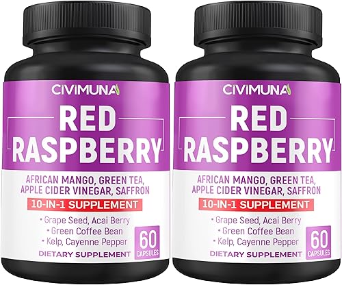 Cápsulas de frambuesa roja de 5050 mg - Frambuesa roja, semilla de mango africano, hojas de té verde - Suministro para 4 meses