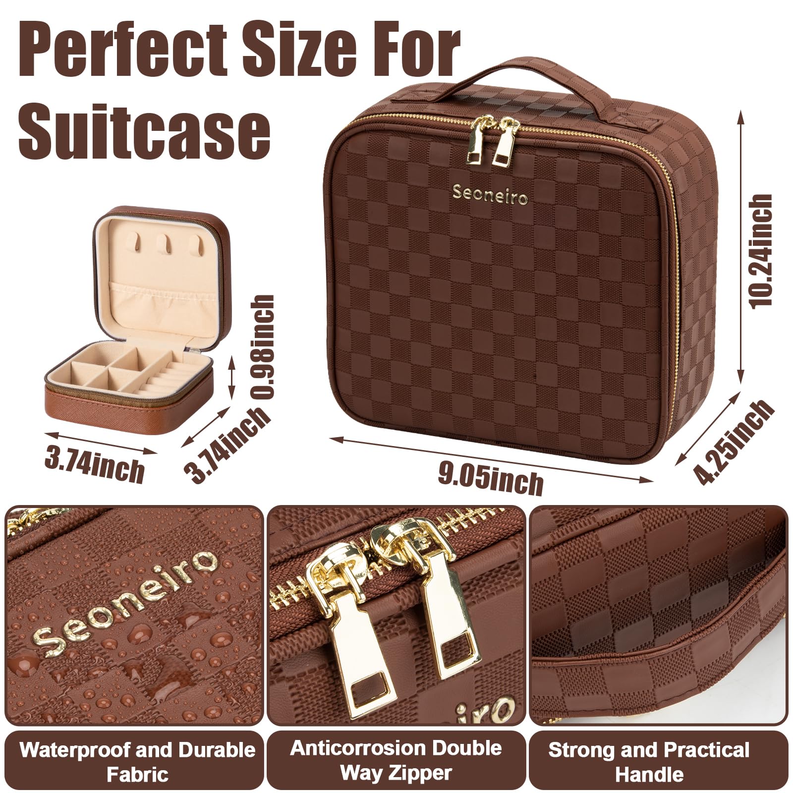 Seoneiro Borsa da viaggio per il trucco con specchio illuminato a LED, luminosità regolabile, portatile, impermeabile, con divisori regolabili, organizer per pennelli da trucco e custodia per