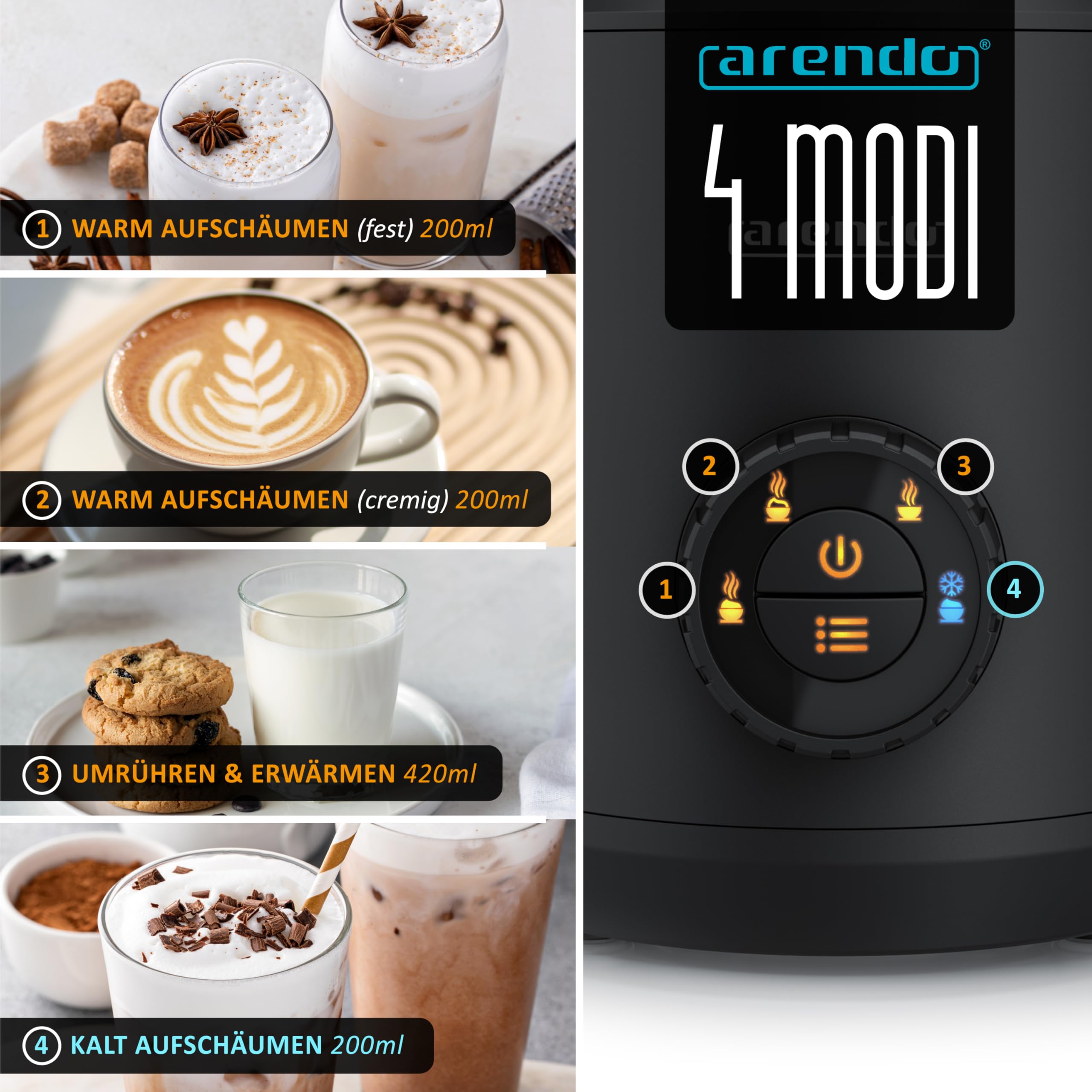 Arendo - Spieniacz do mleka indukcyjnego – indukcyjny spieniacz do mleka bez przypalania – do 400 ml – ciepła i zimna pianka mleczna – 4 temperatury – Milk Frother Coffee Latte Cappuccino