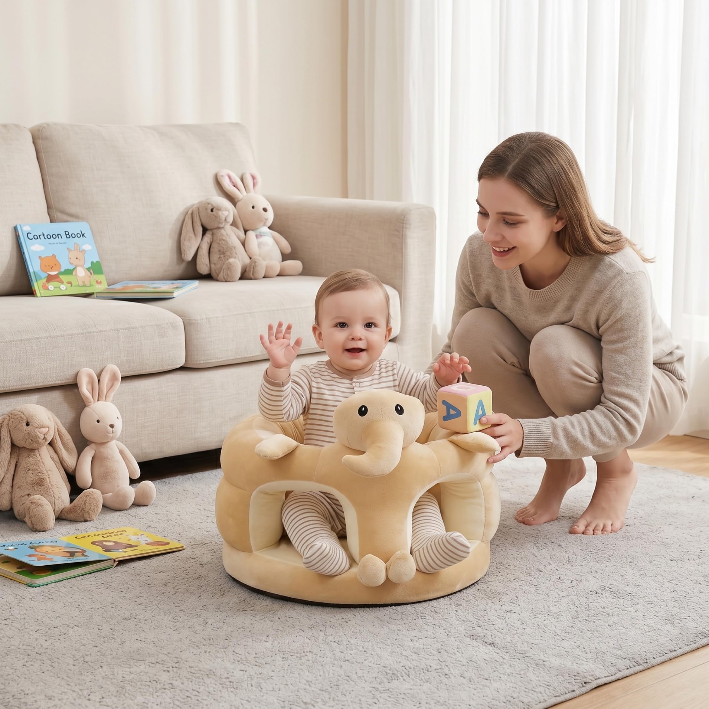 Seggiolino da pavimento per bambini in peluche con elefante carino da 17, 7x17, 7 pollici, morbido per sedersi con supporto stabile