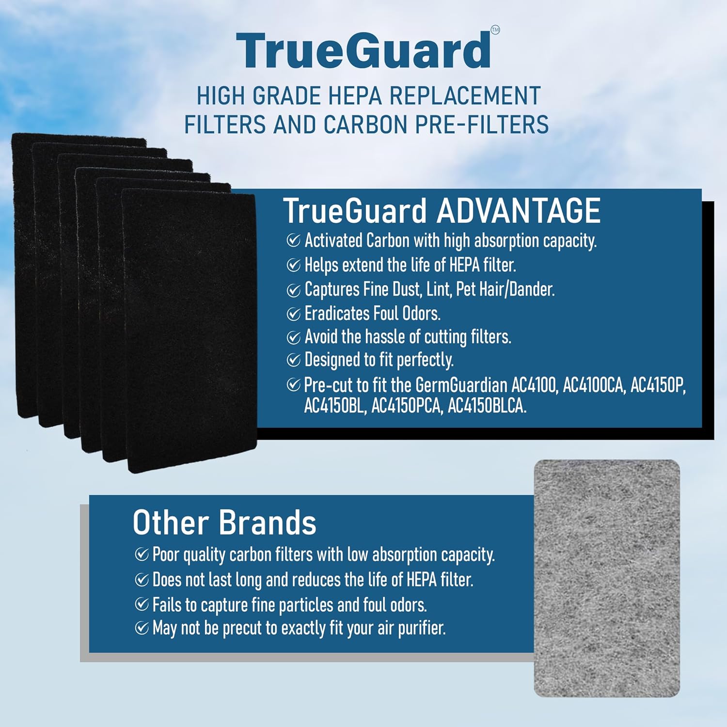 TrueGuard Air Purifier Replacement HEPA Filters FLT4100 Filter E | 2 Pack with 6 Pre-cut Activated Carbon Prefilters | Compatible with GermGuardian Models AC4100 Series, AC4150 Series & More.