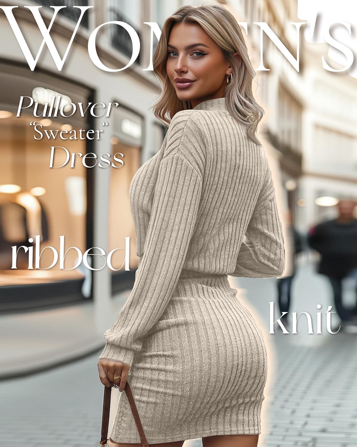 Women's Pullover Sweater Dress Long Lantern Sleeve Ribbed Knit Mock Neck Ruched Bodycon Casual Mini Dress 2025 - Image 2