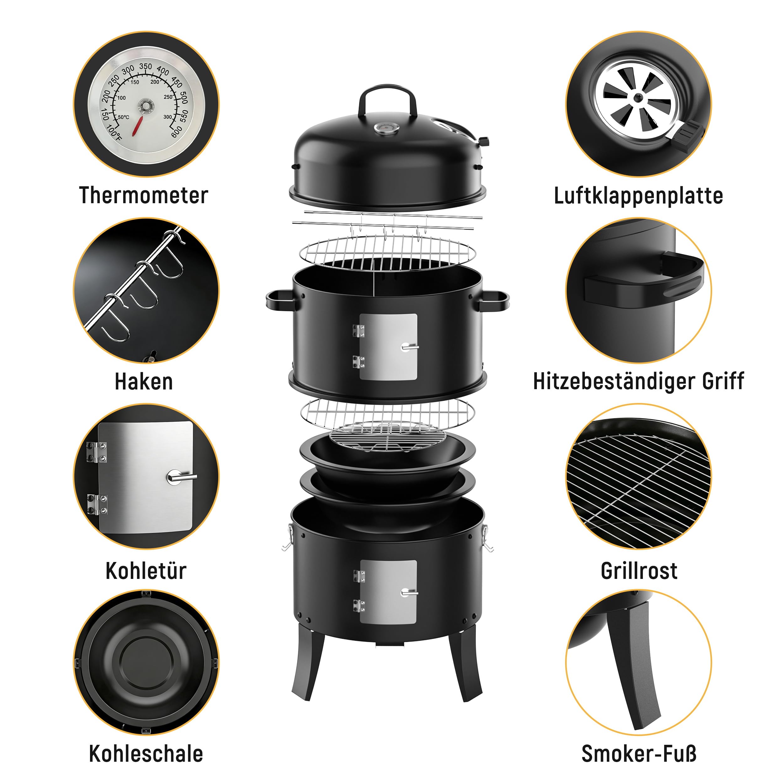 3-in-1 Smoker Grill, Räucherofen und Räuchertonne | Deckelthermometer, verstellbare Luftklappe, als Holzkohle Grill, Smoker und Feuerstelle Outdoor
