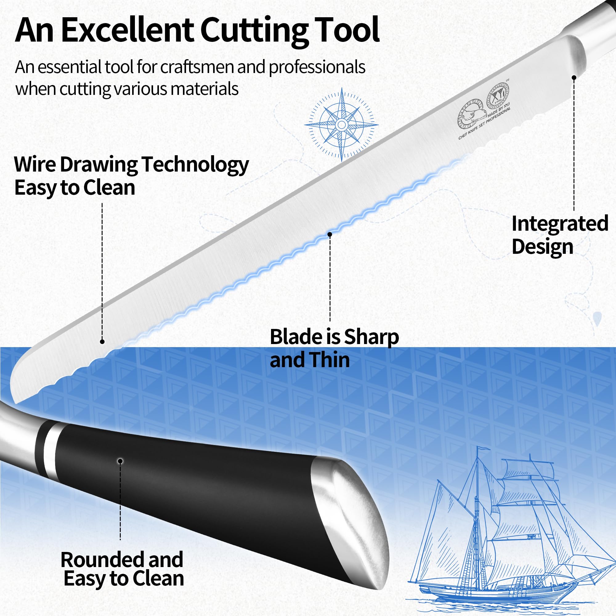 XYJ Authentic Since 1986, japoński nóż do chleba 10,5 cala, stal nierdzewna Serrated Blade Bread Cutting Knife with Cover, Serrated Cake Tool for Home Kitchen Camping