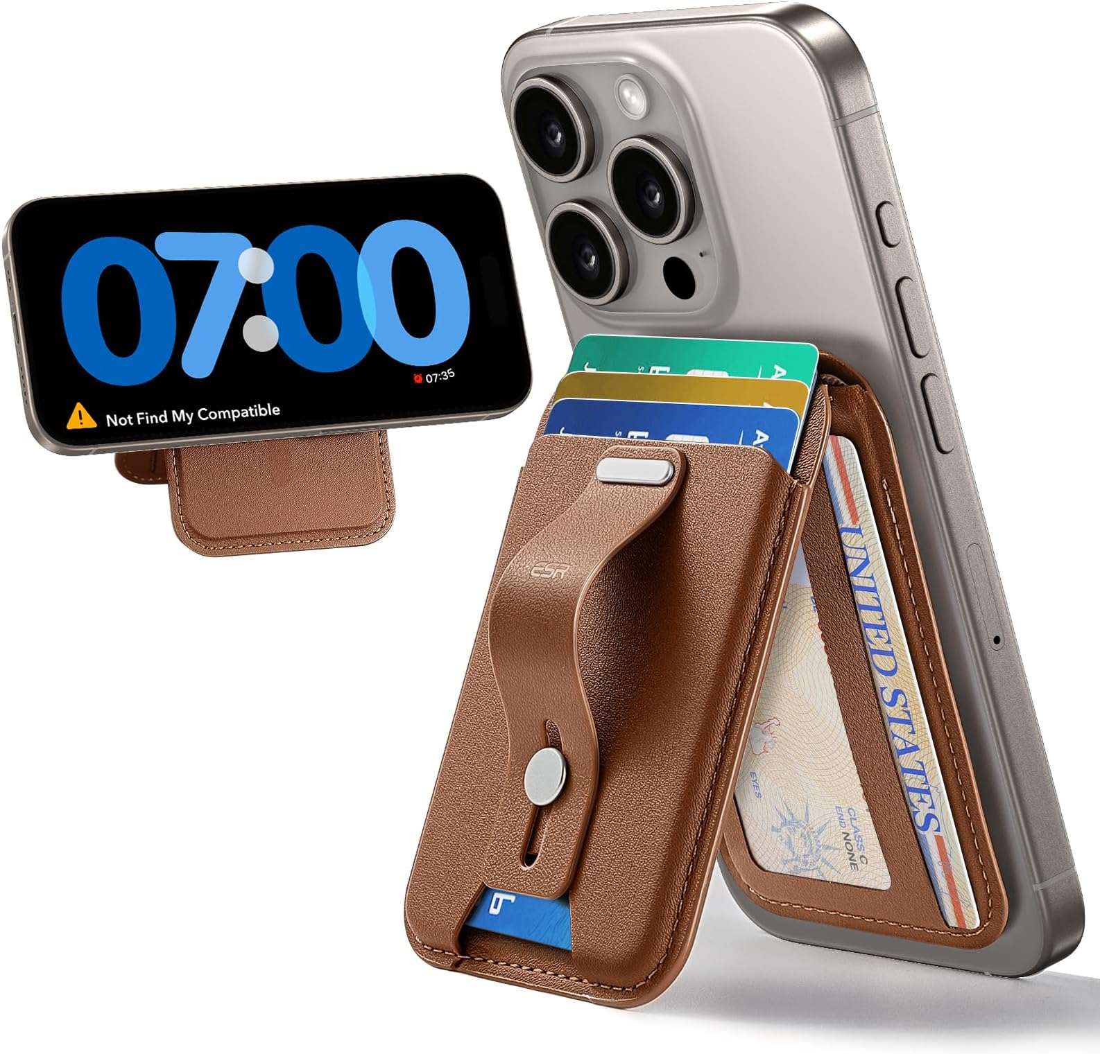 ESR Upgraded for MagSafe Wallet, 5 Card Holder,RFID Blocking,Adjustable Stand, Secure Grip Finger Loop, iPhone 17e/17/16/15/14/13/12, Google Pixel 10,Not for mini, Not Find My,Brown