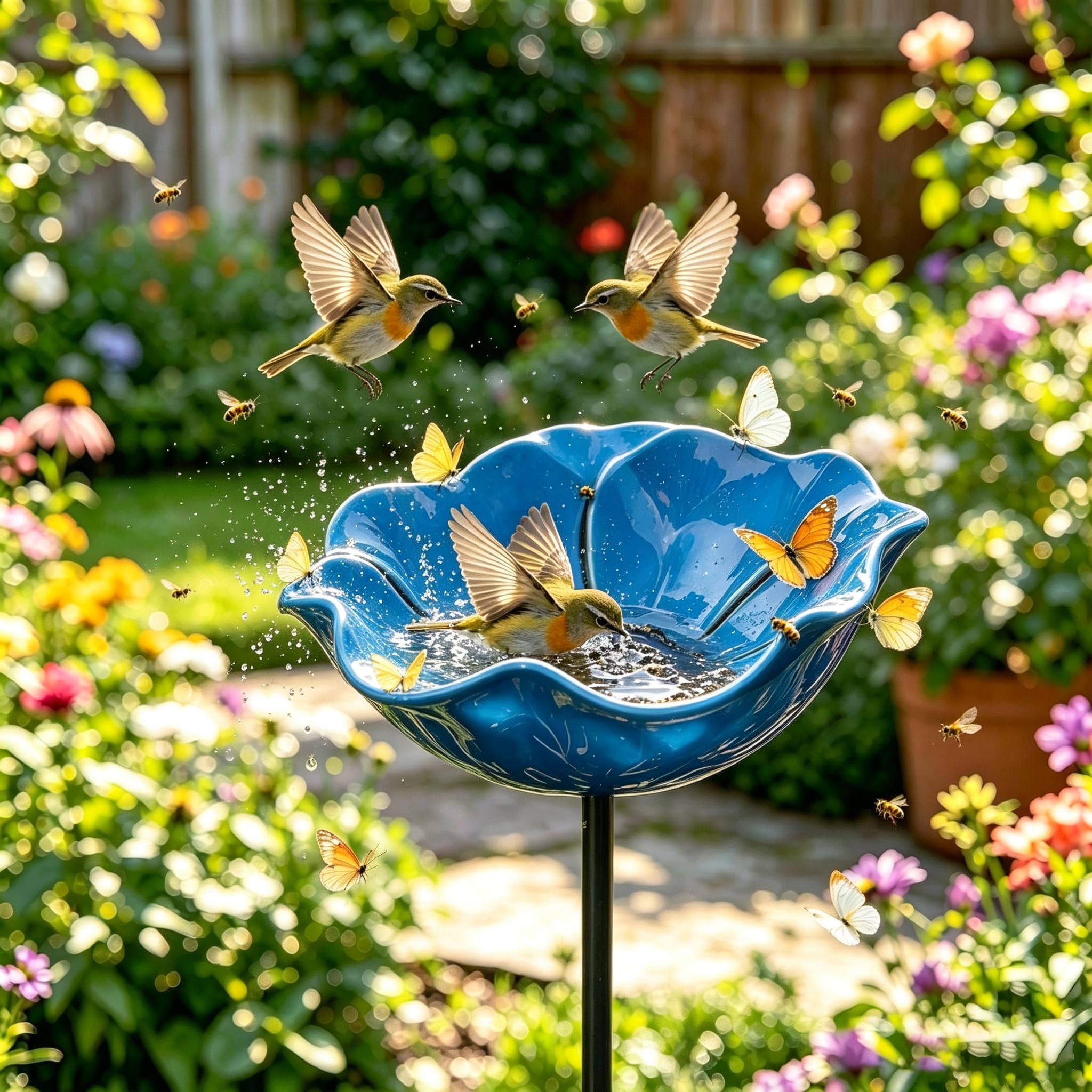 Metal Bird Bath for Garden Handmade Flower Shaped Feeder Bee Bath (W:15cm,H:60cm,1pcs,Blue)