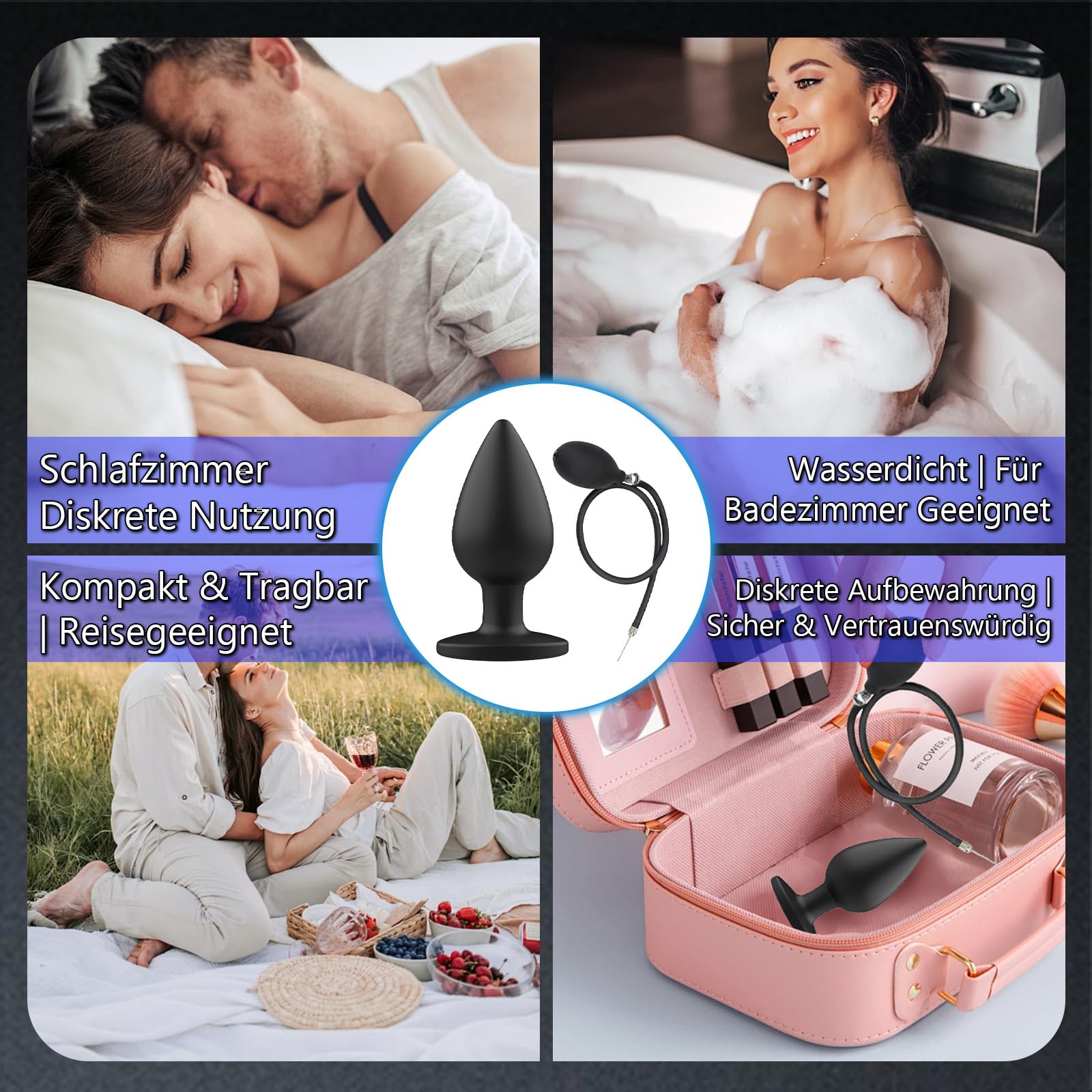 AMAZBEE Tapones anales de silicona para masaje de próstata Tapones anales inflables con bombas Estimulación del punto G Juguetes anales para parejas Entrenamiento de expansión anal (Black)