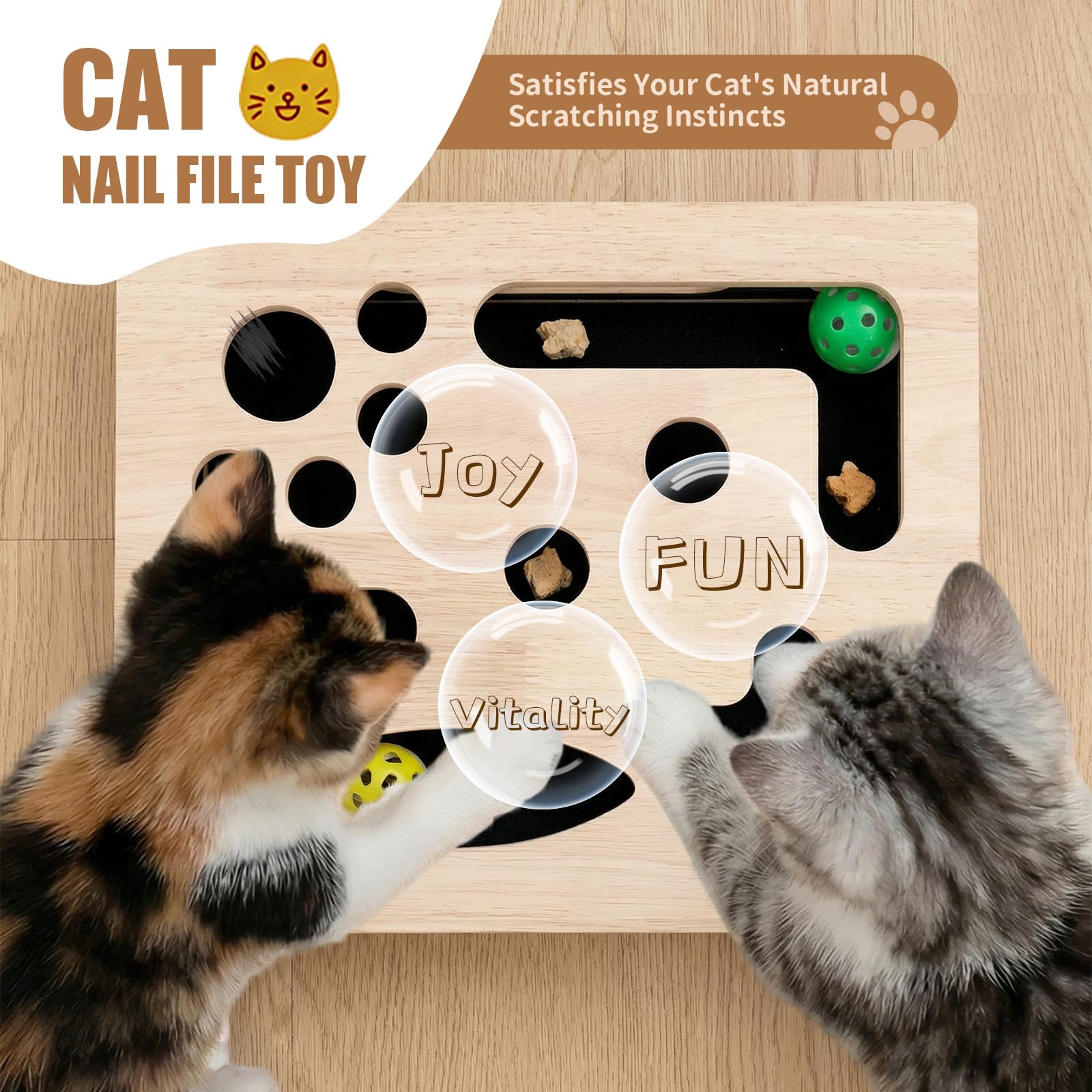 Caja de enriquecimiento de rompecabezas para rascar gatos, caja de enriquecimiento de lima de uñas de gato de madera maciza lisa con papel de lija integrado, caja de lima de uñas para gatos