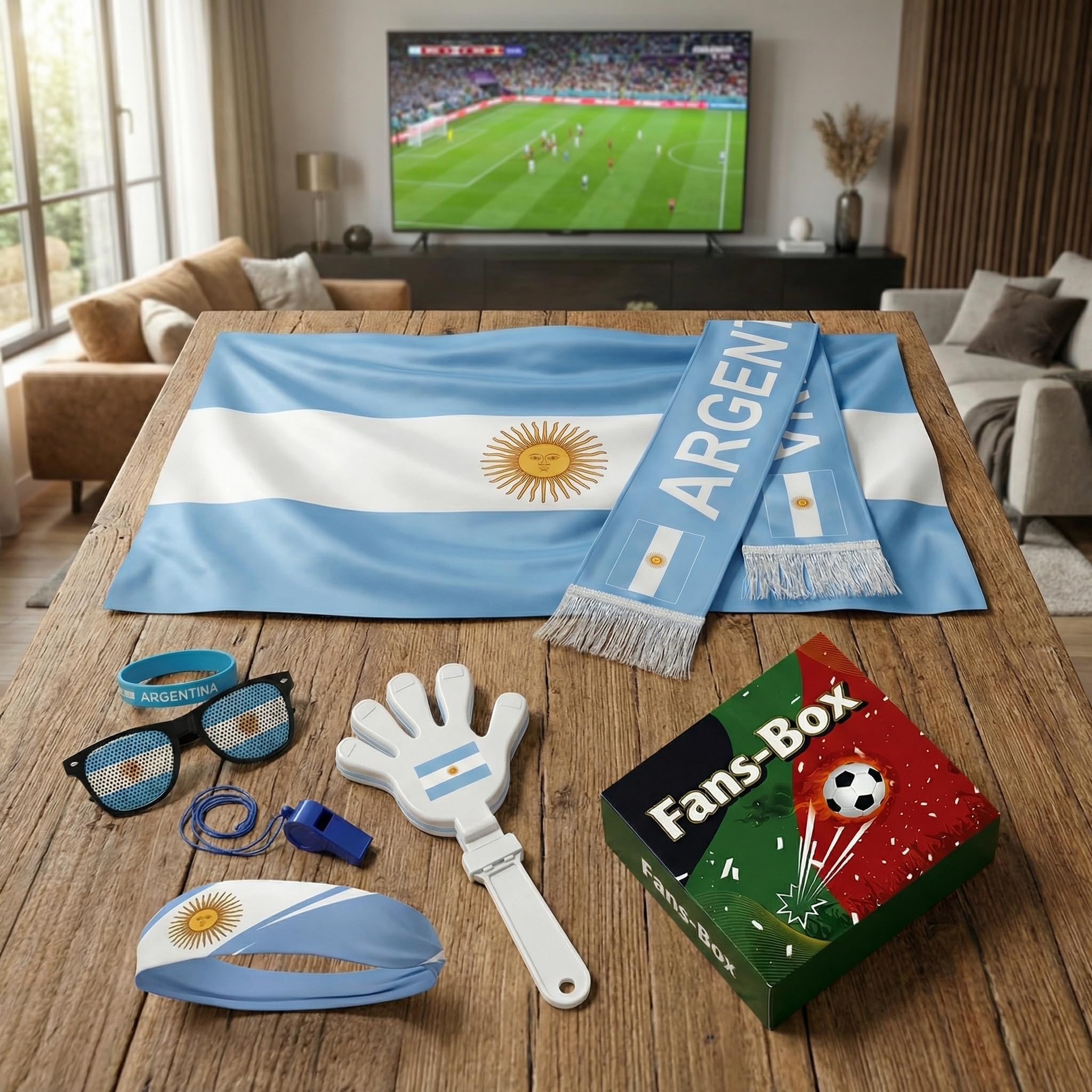 Soccer Fan Gear Set 2026-7 Piece Game Day Kit with Flag, Scarf, Glasses, Whistle, Clapper, Wristband & Headband in Gift Box - Watch Party & Stadium Essentials for Argentina - 4