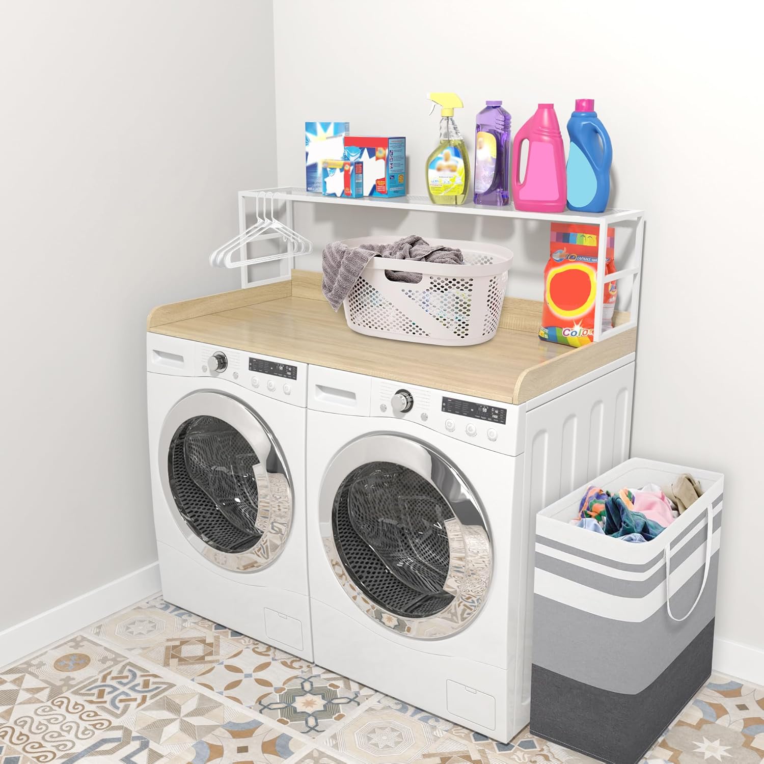 Natural Wood Laundry Countertop with Metal Shelf and Guardrails