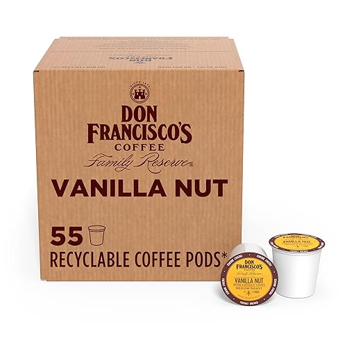 Don Franciscos Coffee Vanilla Nut Flavored Sabor de Nuez y Vainilla cápsulas reciclables estilo K-Cup compatibles con cafeteras Keurig 55 unidades