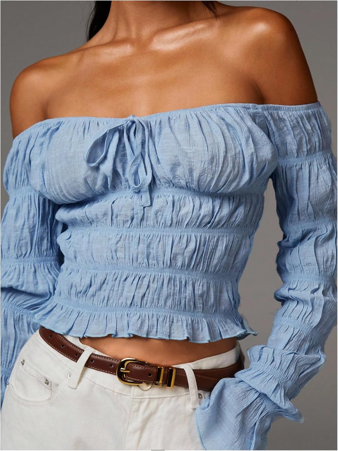 Floerns Women's Going Out Off The Shoulder T Shirts Bell Sleeve Bow Tie Ruffle Y2k Tops - Image 4