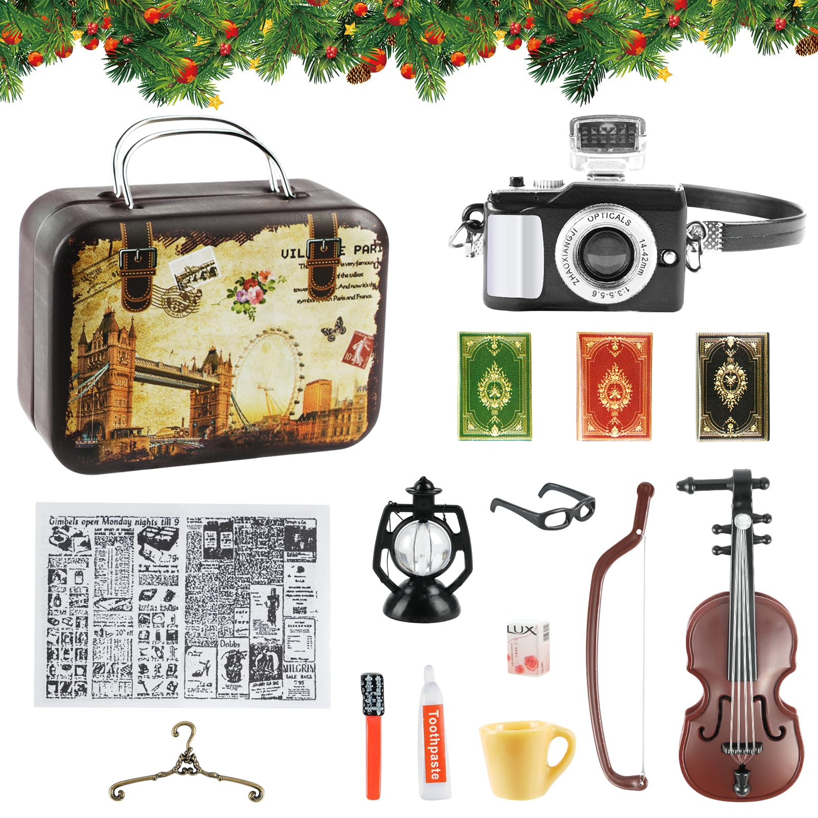 Miniature Accessories, Pack of 12 Miniature Dollhouse Set, Suitcase, Toothpaste, Toothbrush, Cup, Camera, Oil Lamp, Guitar, Books, Glasses, Newspaper, Tissue, Clothes Hanger
