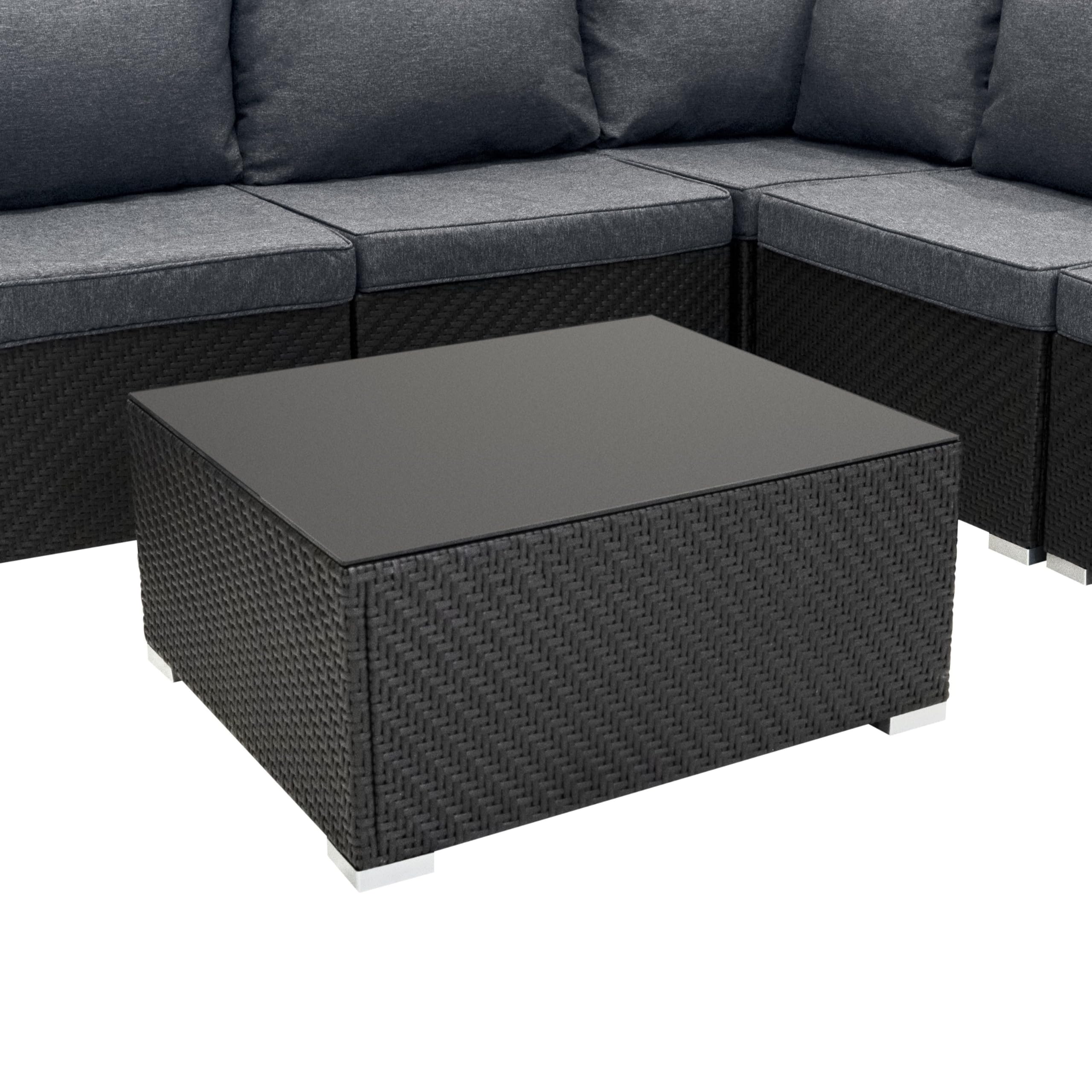 Monster Shop Set Mobili da Giardino 7 Pezzi in Rattan Nero – Divano Modulare 5 Posti con Cuscini Lavabili, Tavolino in Vetro, Copertura Impermeabile, per Esterno, Terrazzo e Veranda