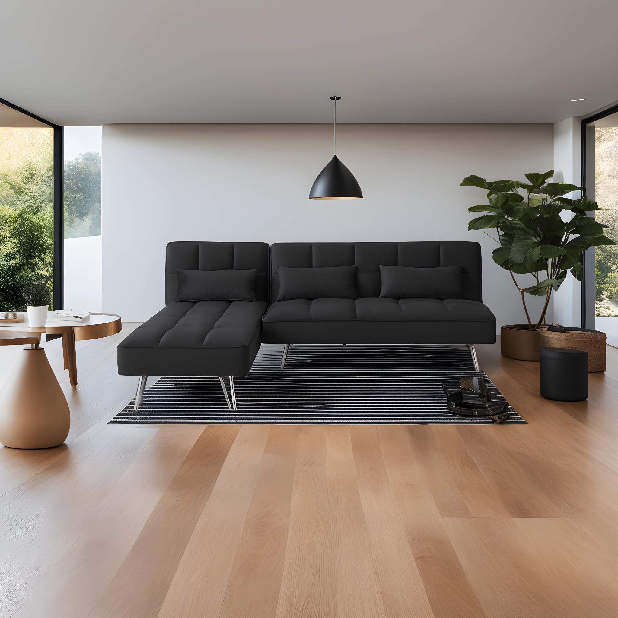 Ibera Sofá Cama Chaise Longue Noelia XS, 200x149cm - Funcionalidad y Estilo - Color Negro Terciopelo