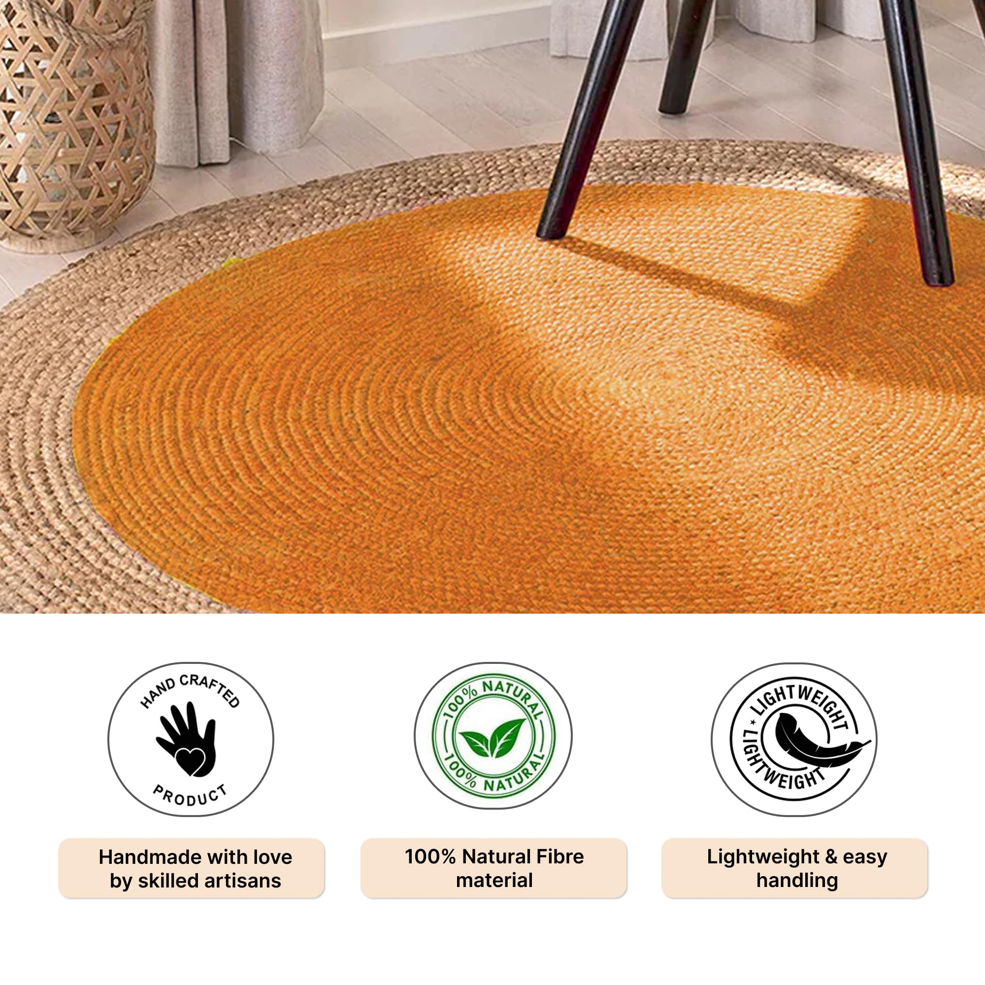 Habere India-All the Cultures Fabricating India Carpet for Living Room | Jute Round Floor Mat | Rugs for Living Room | Jute Centre Table Carpet (Yellow Color, 4x4 FT Round)