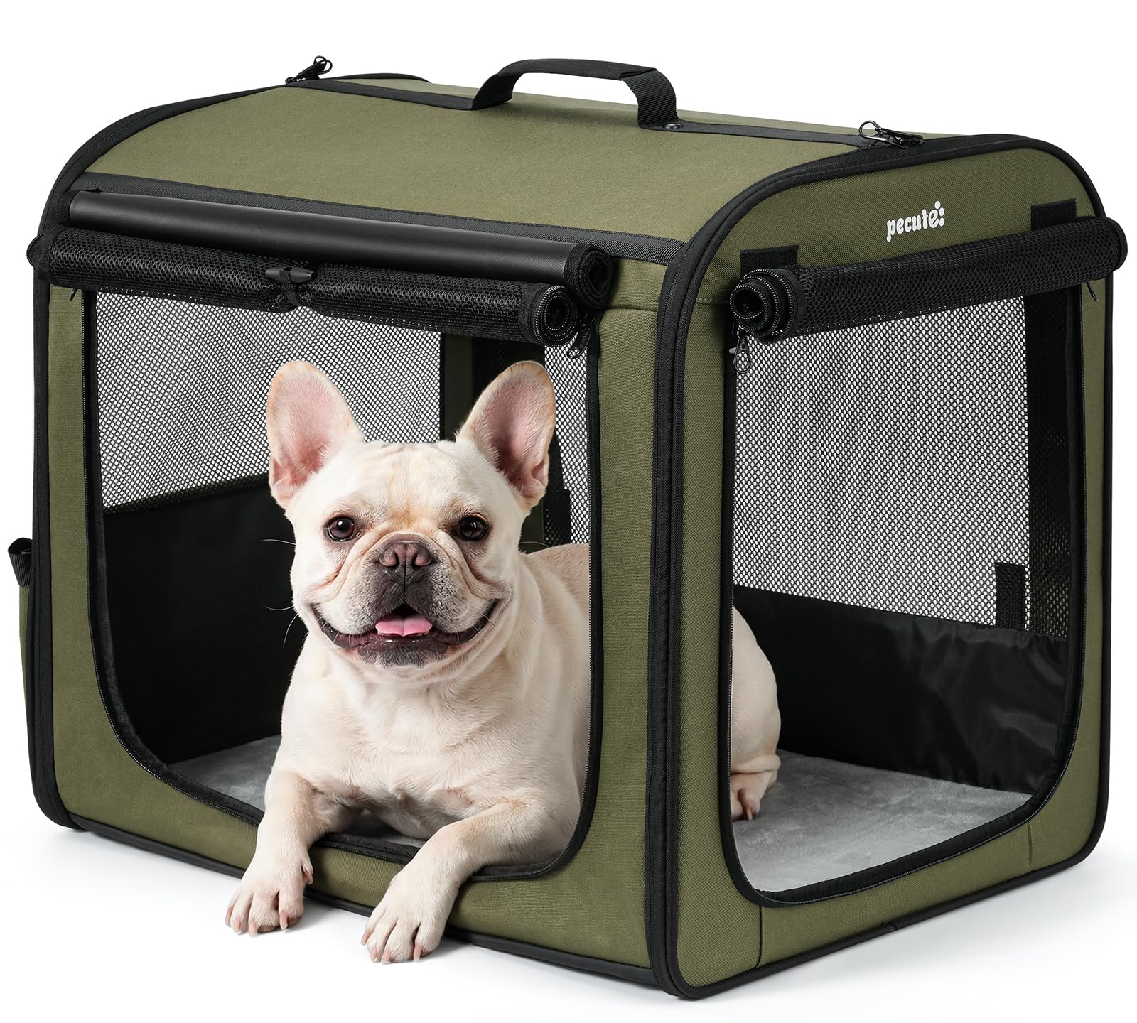 pecute collapsible dog crate for pets?15kg, pet carrier stable and light weight, soft dog crate with breathable windows, portable dog carrier with curtain 61ôø?45ôø?52 cm (green)