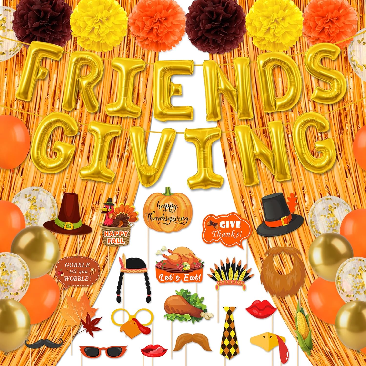 Friendsgiving Decorations, 48Pcs Friendsgiving Party Supplies Include Friendsgiving Banner Photo Booth Props Foil Fringe Curtain Foil Balloons for Thanksgiving Fall Autumn Party Home Office Decor Multicolor