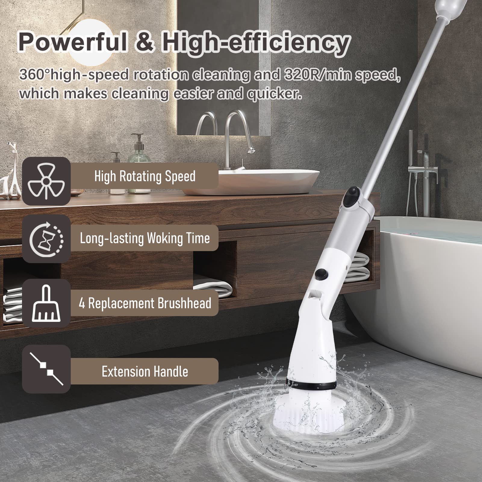 Kavolet Cepillo de limpieza eléctrico con mango ajustable, juego de mopa, 4 cabezales de cepillo, batería de 4000 mAh para cocina, baño, pared, ventana, suelo