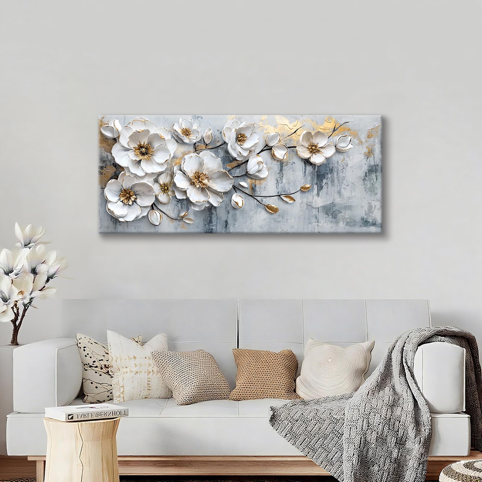 WENGTIAO Stampa su Tela Peonia Bianca Floreale Con Cornice Grande Quadro su Tela Pittura Estetica Fiori Bianchi Quadro Moderno Soggiorno Camera da Letto Decorativo Parete 120x50 cm