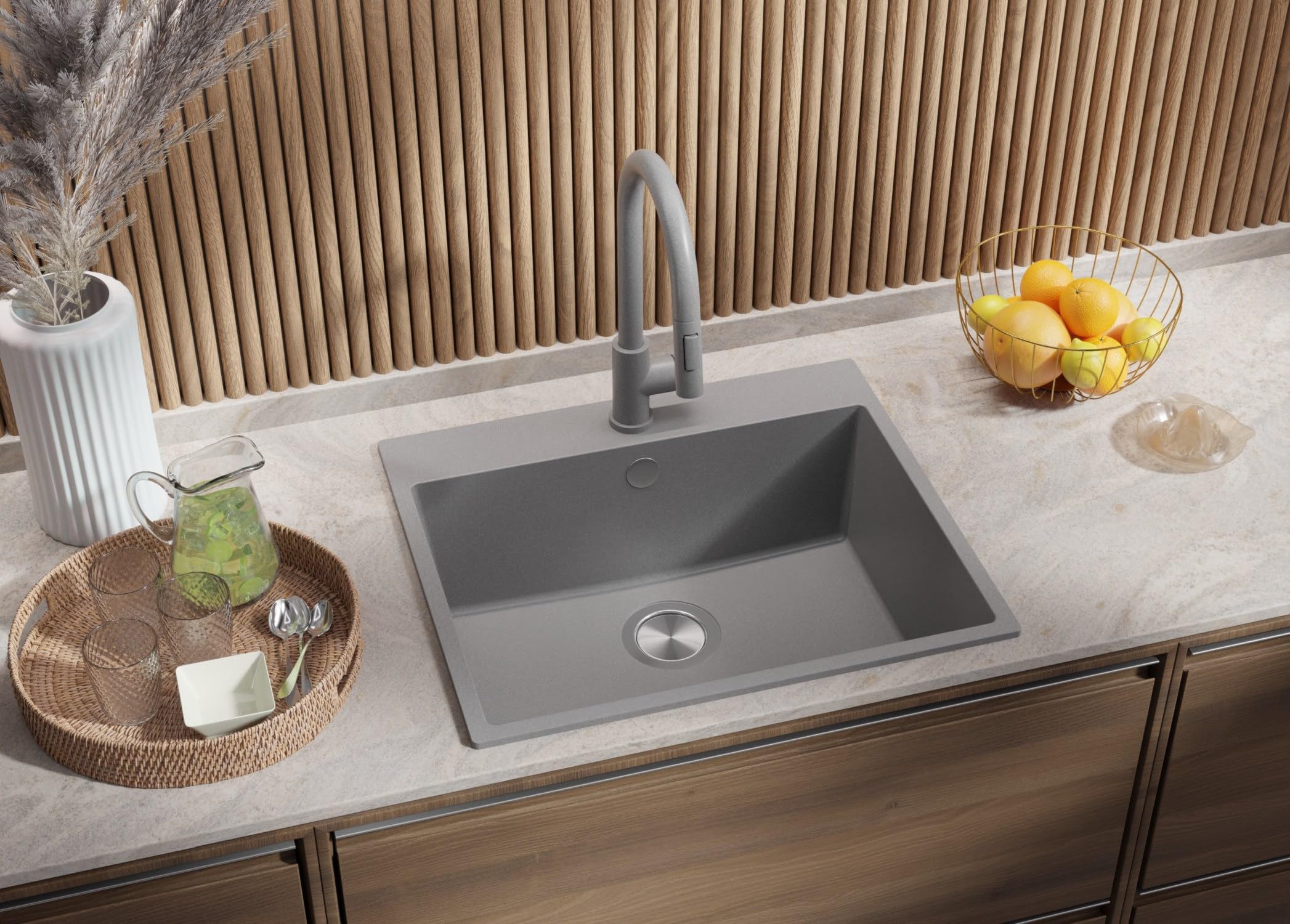 PRIMAGRAN Lavello da Cucina Tutto Grigio 58x50cm, Lavandino in Granito a 1 vasca + Sifone Classico, Lavabo da Cucina Incasso al Mobile 60cm - Riga S313