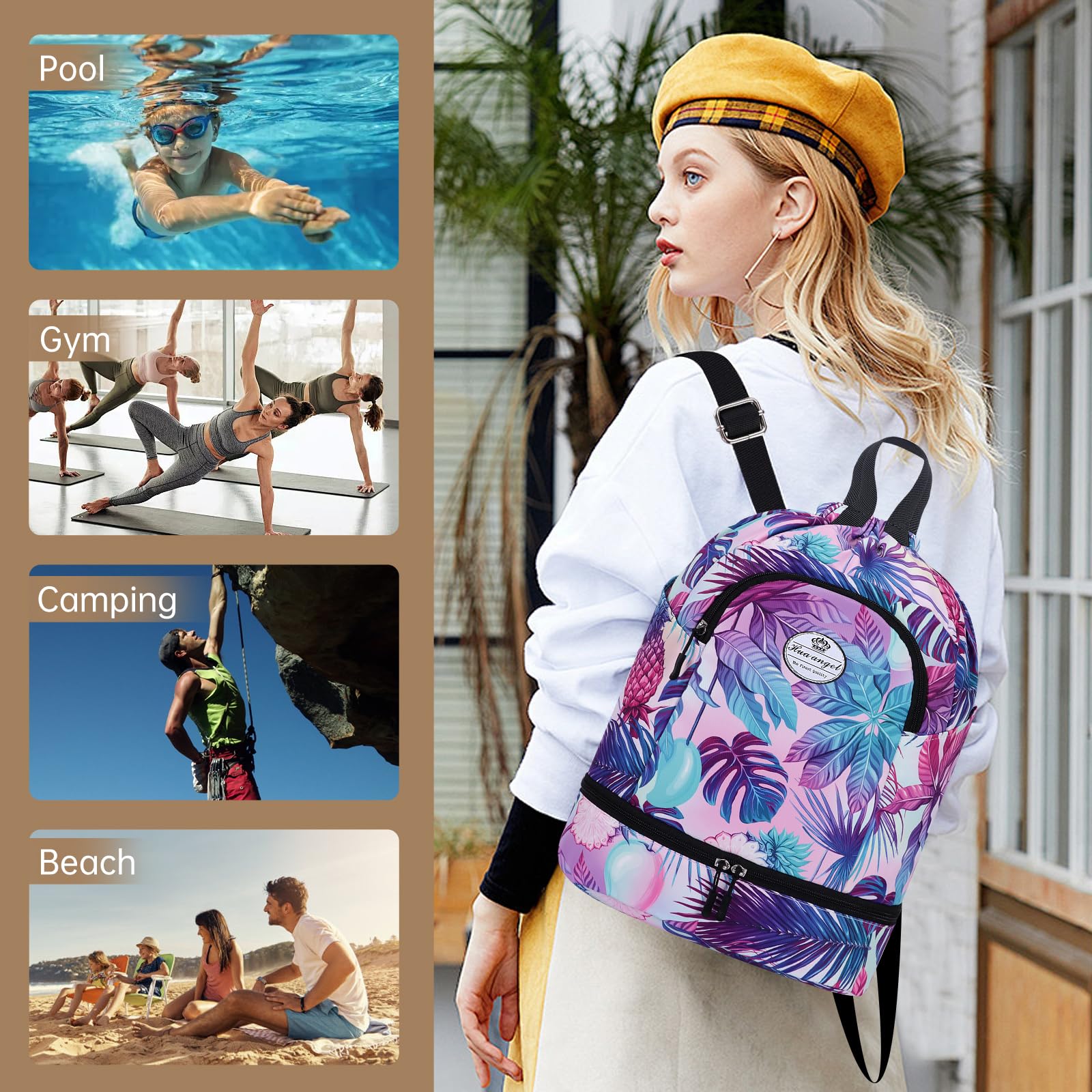 HUA ANGEL Mochila De Deportiva con CordóN Ligera Gymsack Bolso De Cuerdas con Muchos Bolsillos Mochila Mujer Hombre De Viaje para Playa Piscina Baloncesto Futbol Balonmano