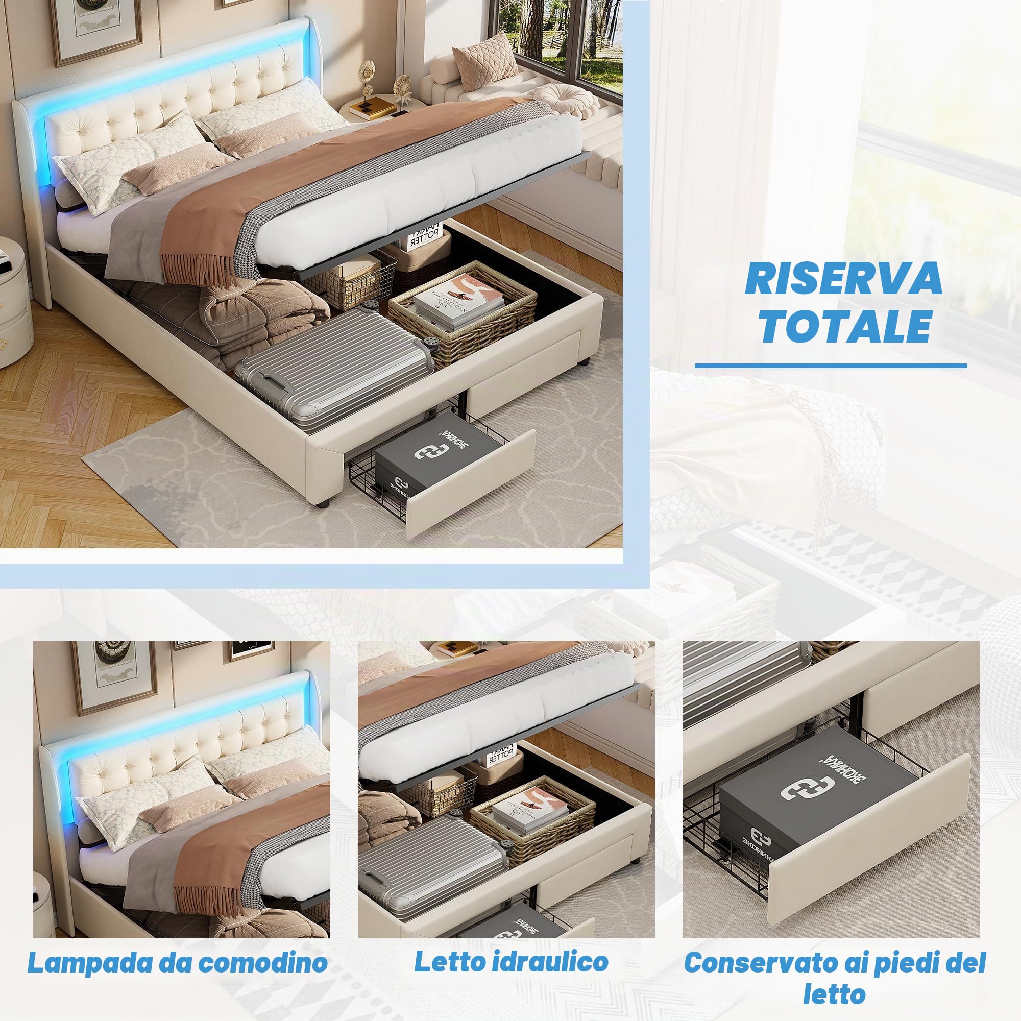 BRILVERDE Letto Imbottito 180x200 con Contenitore cassetti, Letto matrimoniale con LED, con testiera, Struttura Letto con Rete a doghe, Velluto (Beige, 180 x 200 cm)