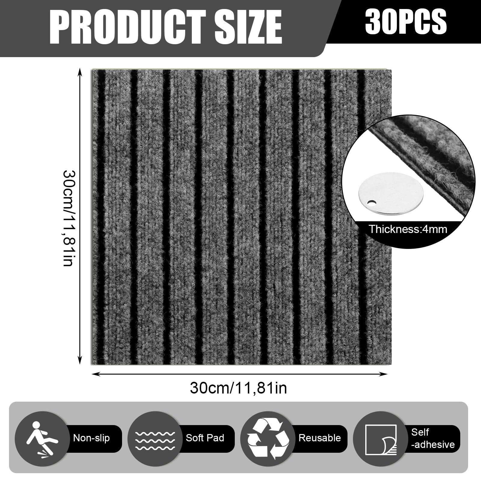 30 azulejos de moqueta de 30 x 30 cm, autoadhesivos, para oficina, salón, balcón (gris y negro)