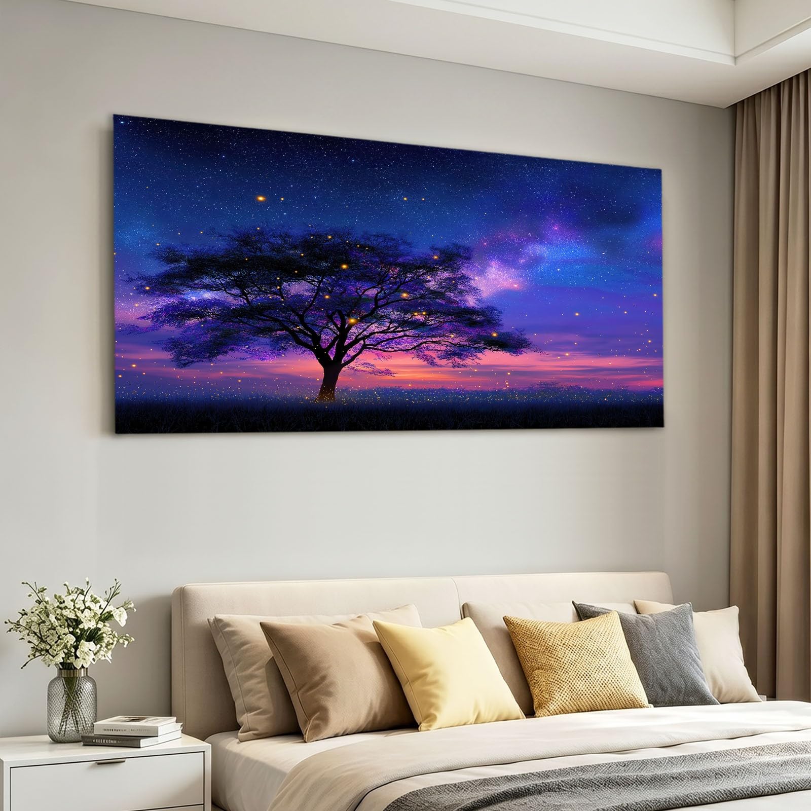 Obraz na płótnie z magiczną ramką gwiaździste niebo - obraz 120 x 80 cm niebieskie drzewa świetliki Droga Mleczna - Plakat Dekoracja ścienna do salonu, sypialni, łazienki i biura