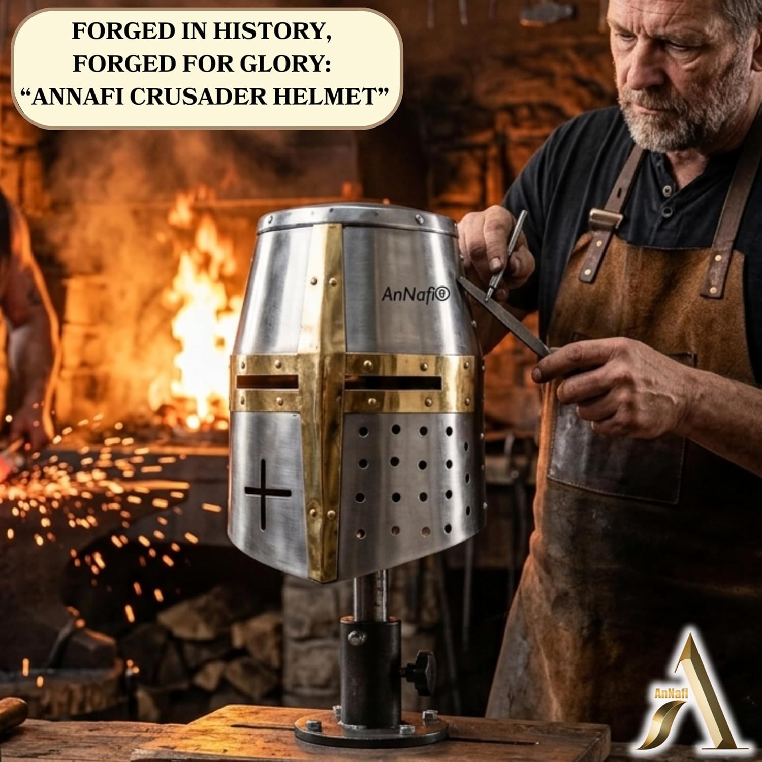 AnNafi® Crusader Helmet | Medieval Templar Crusader Knight Armor Helmet | Greek Roman Spartan Armour | Silver Gold Helm A+ | Wearable for Adult Costumes SCA LARP Cosplay Reenactment Helmets Men