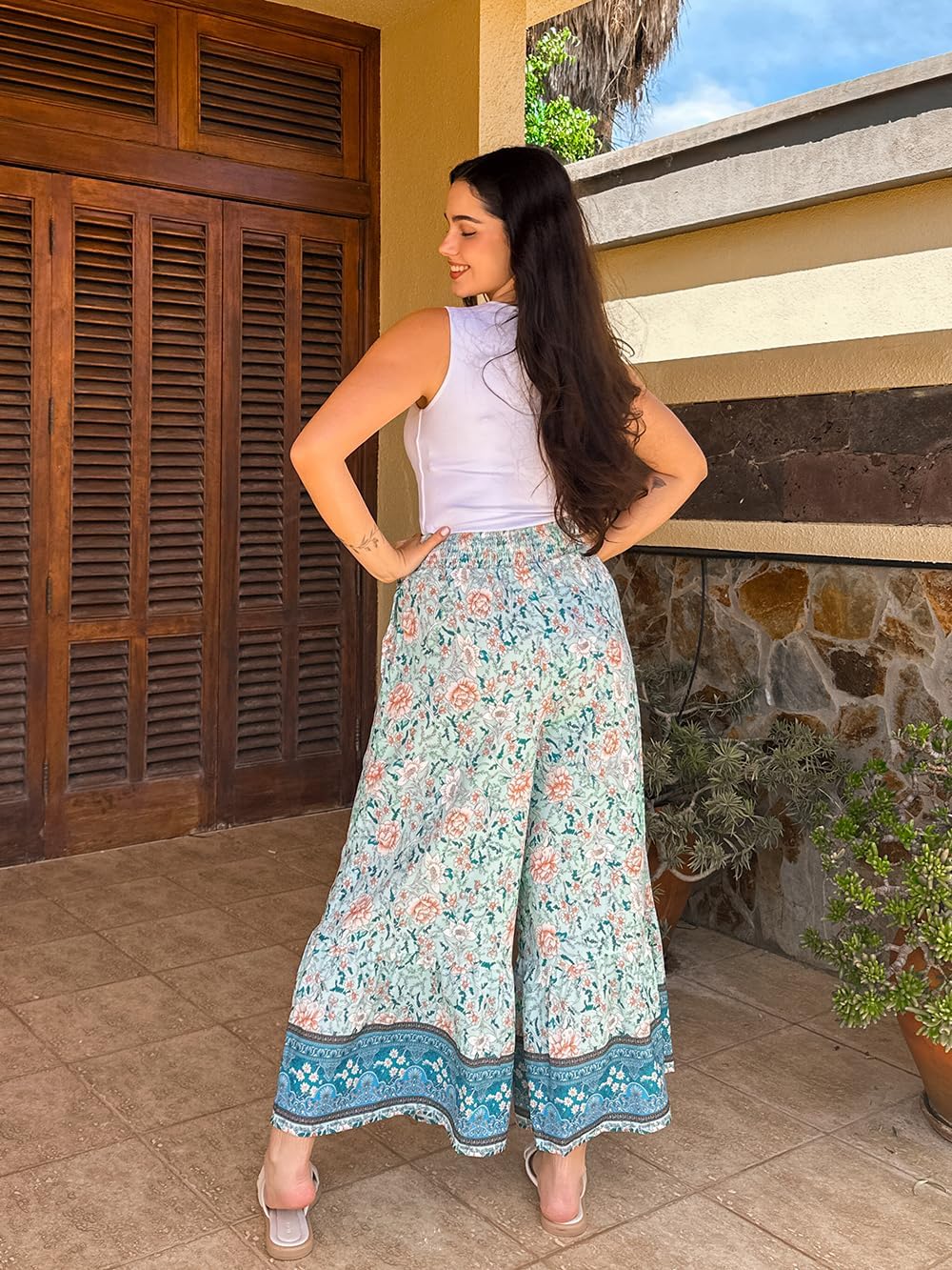 GRACE KARIN Women's 2026 Summer Wide Leg Palazzo Pants Elastic High Waisted Boho Casual Flowy Beach Pants with Pockets