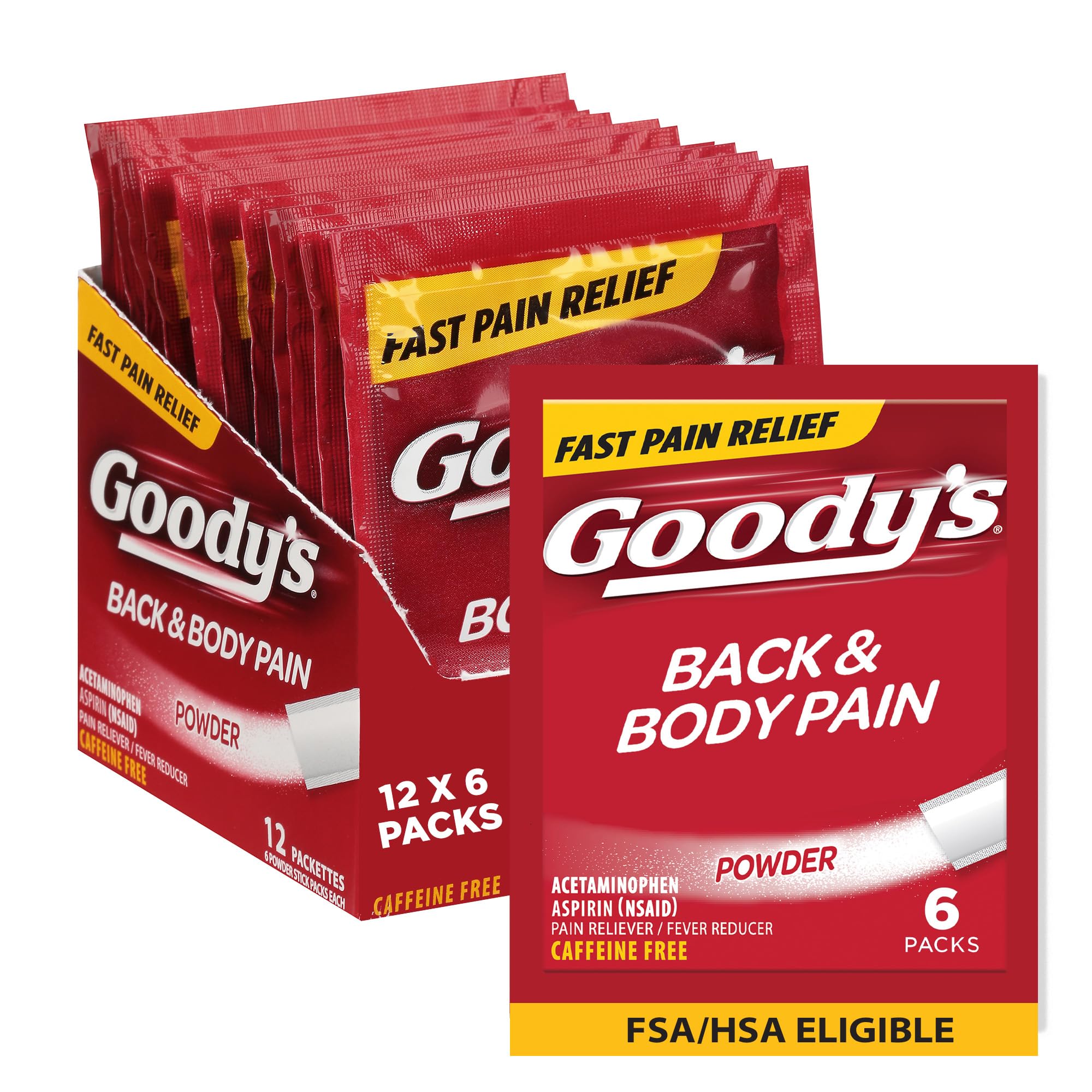 Body Ache & Back Pain Relief Powder, Dual Action with Acetaminophen & Aspirin, Caffeine-Free, 6 Count, Pack of 12