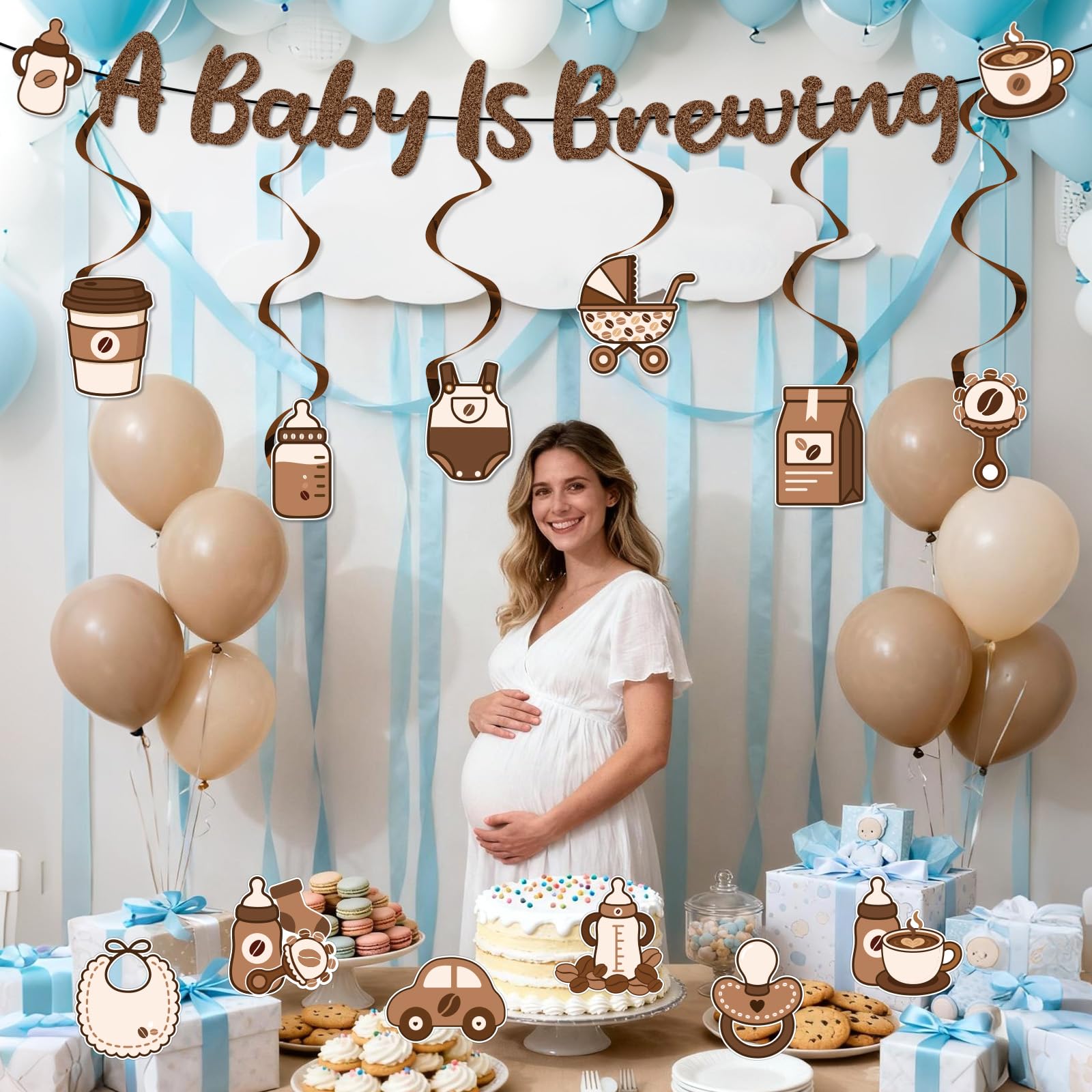 A Baby Is Brewing Banner Set, Coffee Themed Party Decorations with Hanging Swirls & Stickers for Baby Shower Party Decor Supplies - Image 4