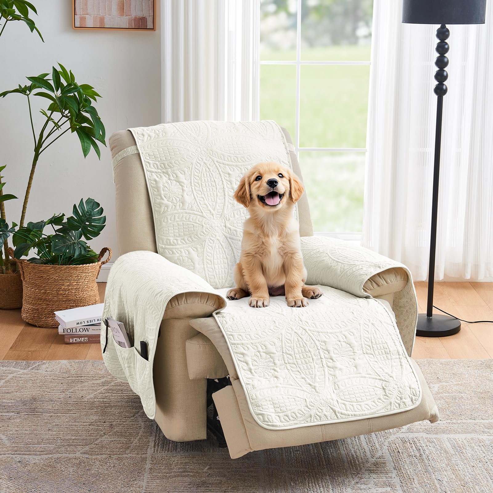 Ivory Recliner Chair Covers, Quilted Décor Water-Repellent Medium Lazy Boy Chair Covers, Pet Friendly Recliner Cover for Dogs Cats, Washable Couch Cover (Recliner 26", Ivory White)