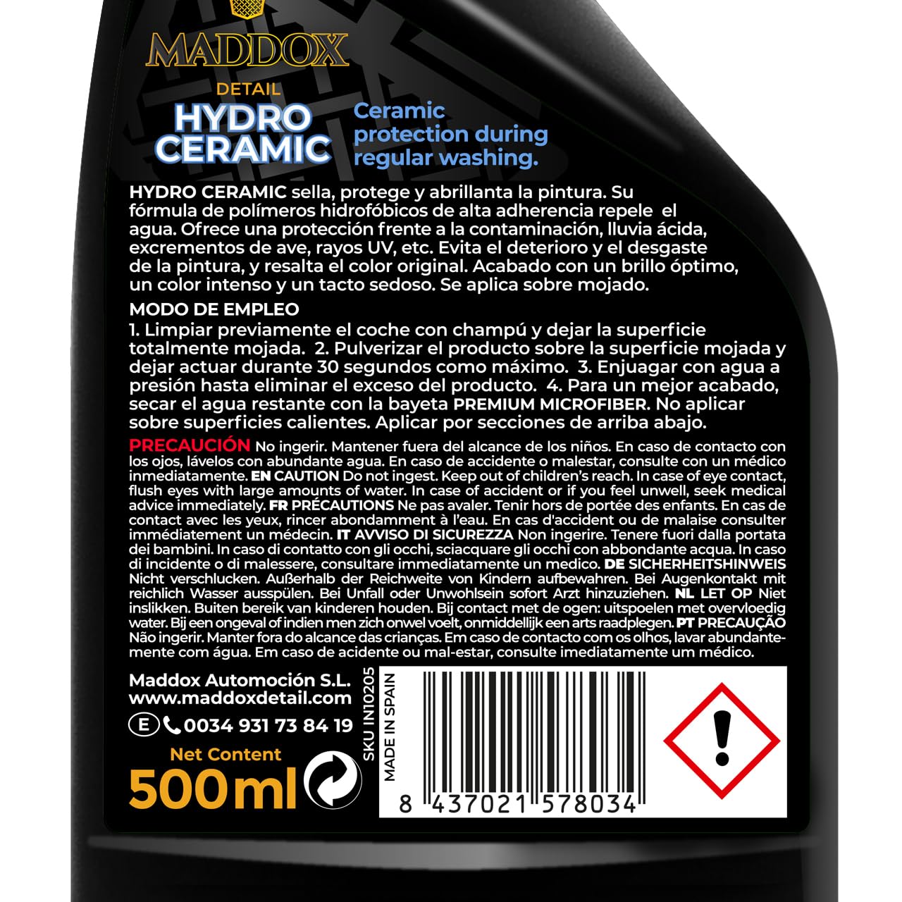 Maddox Detail - Hydro Ceramic 500 ml | Sigillante Vernice Auto | Lucidante Auto e Protezione Ceramica Idrofobica | Repellente all'Acqua e Raggi UV | Strato Protettivo Duraturo | Coating Ceramico Auto