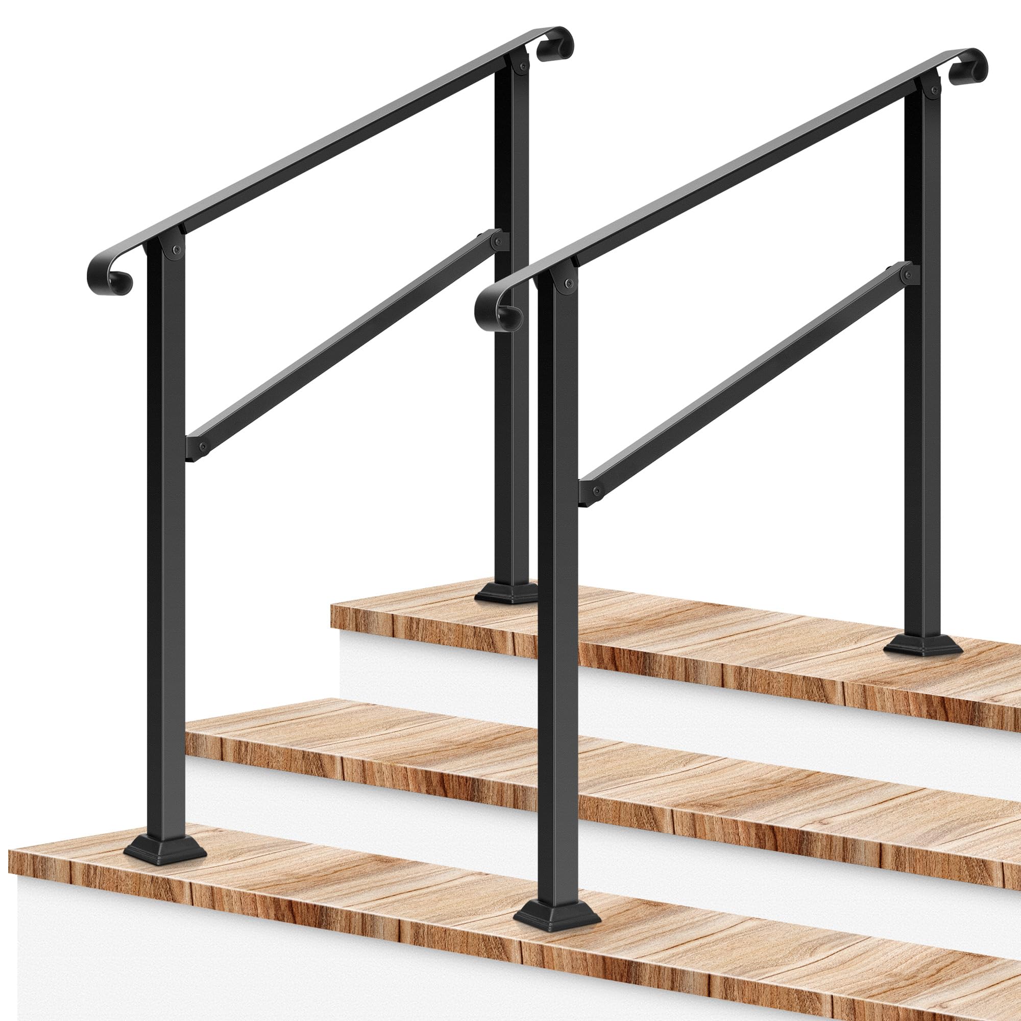 VIVOSUN 2-Pack 3-Step Stair Handrail 40"x36" Wrought Iron with Curved Ends
