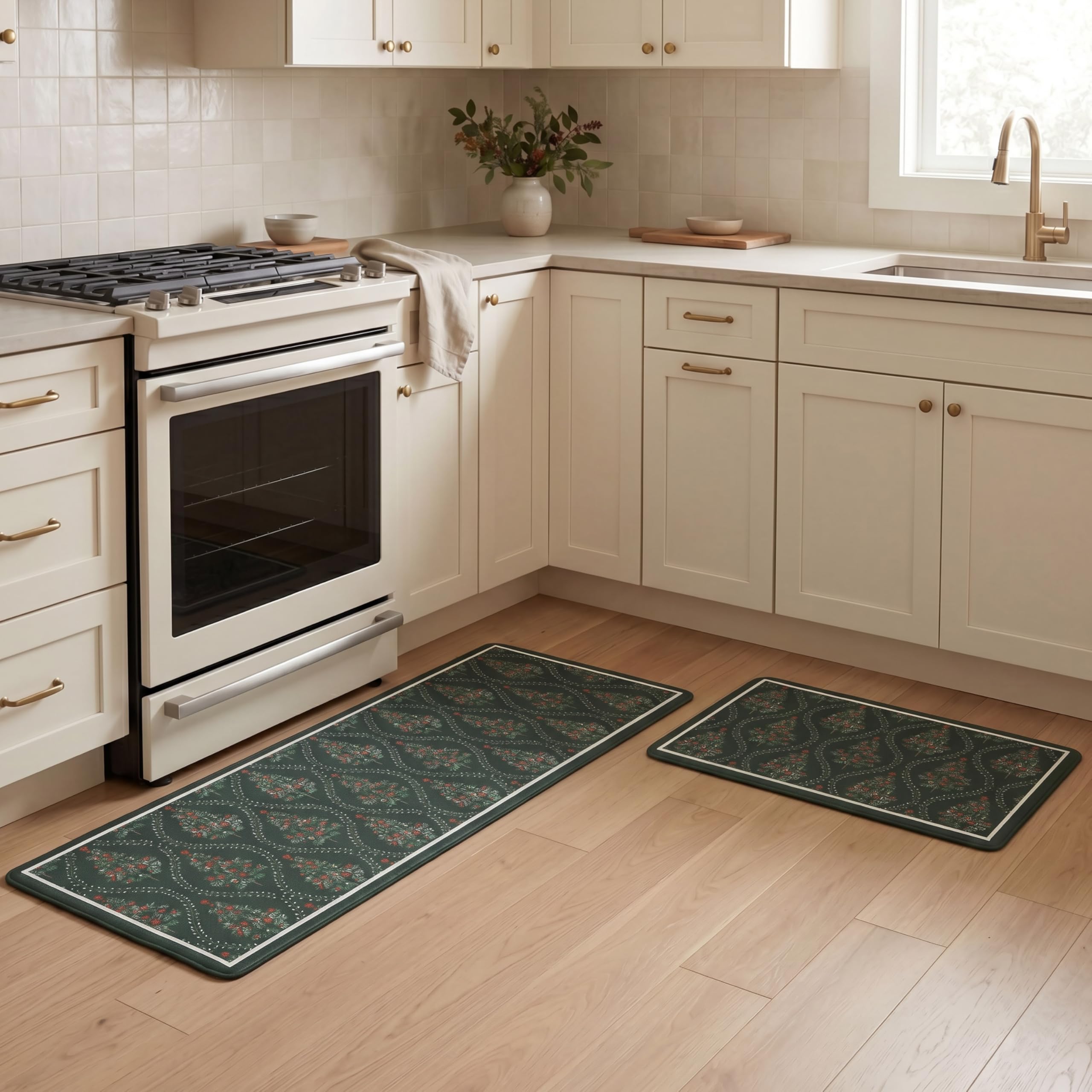 Laura Ashley Frestwick Glade 2-Piece Anti Fatigue Kitchen Mat Set, Non Slip Cushioned Comfort Floor Mat, 17.5"x60"/17.5"x28", Green