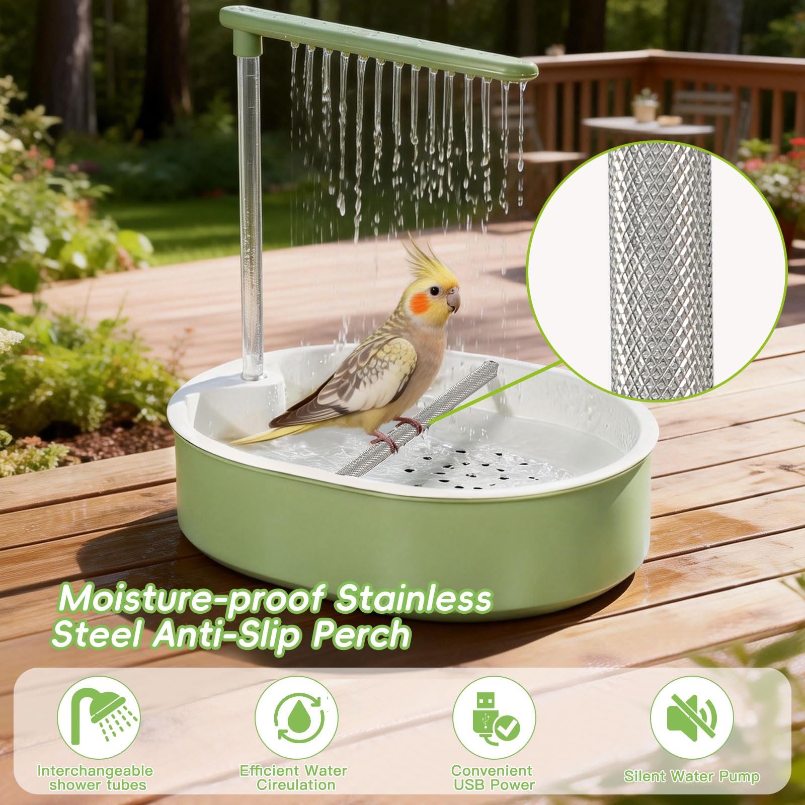 Automatic Parakeet Bird Bath for Cage Large Parrot Shower Bath with Adjustable Water Flow Bird Shower Fountain Indoor Bathtub Stainless Perch Bird Cage Accessory for Birds Cockatiel Conure Budgie - image 7