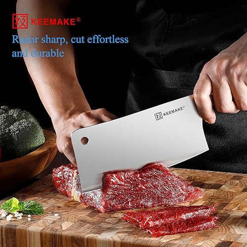 Miniatura 2 de KEEMAKE Cuchillo de carnicero de 7 pulgadas, cuchillo de carne resistente con acero inoxidable alemán de alto carbono 1.4116, cuchillo para verduras