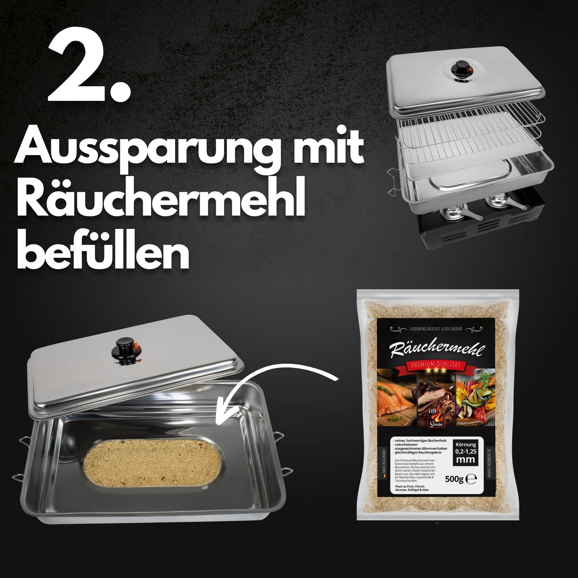 Deluxe Edelstahl Tischräucherofen XL Set | mit Brennpaste, Räuchermehl, Räuchergewürz, Brenner, rostfrei