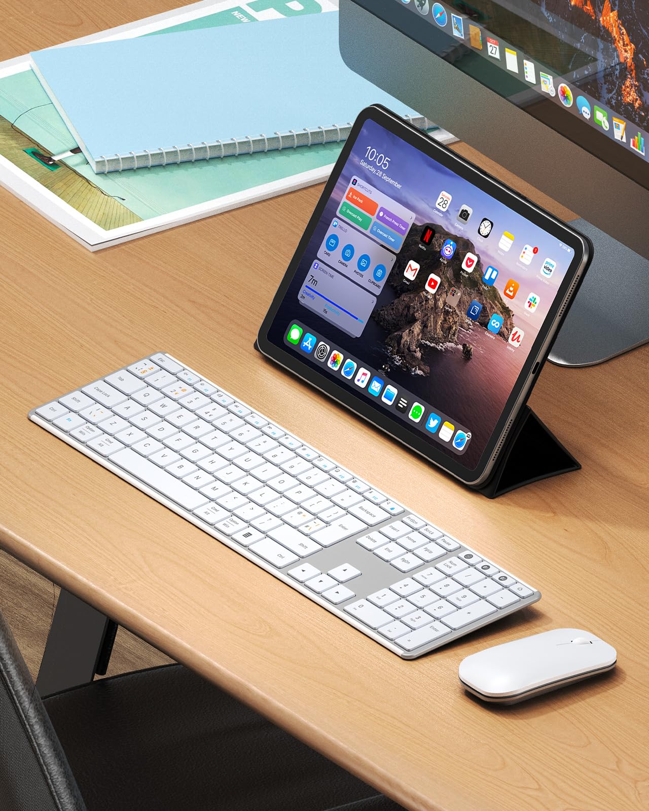 seenda Juego de teclado y mouse Bluetooth recargables Wirelees (USB + Dual BT), ratón y teclado inalámbrico ultra delgado multidispositivo, tableta, diseño QWERTY Reino Unido
