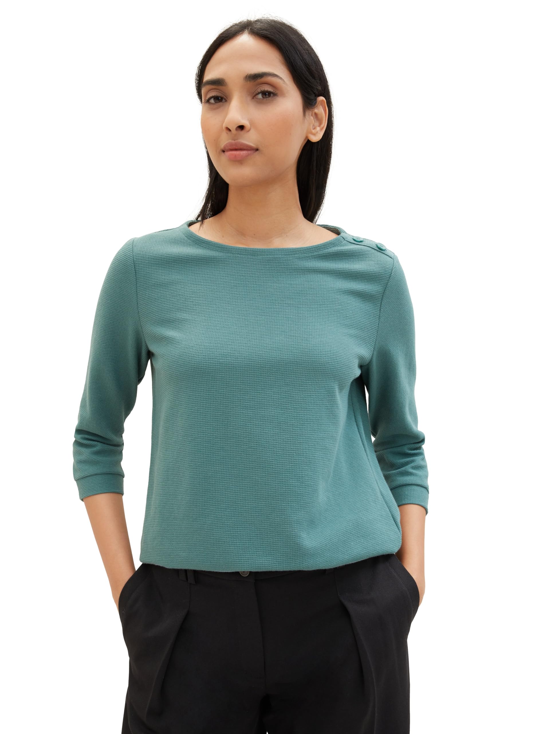 TOM TAILOR Damen Basic Langarmshirt mit dekorativen Knöpfen, 10697 - Sea Pine Green, XS – Ansicht 2