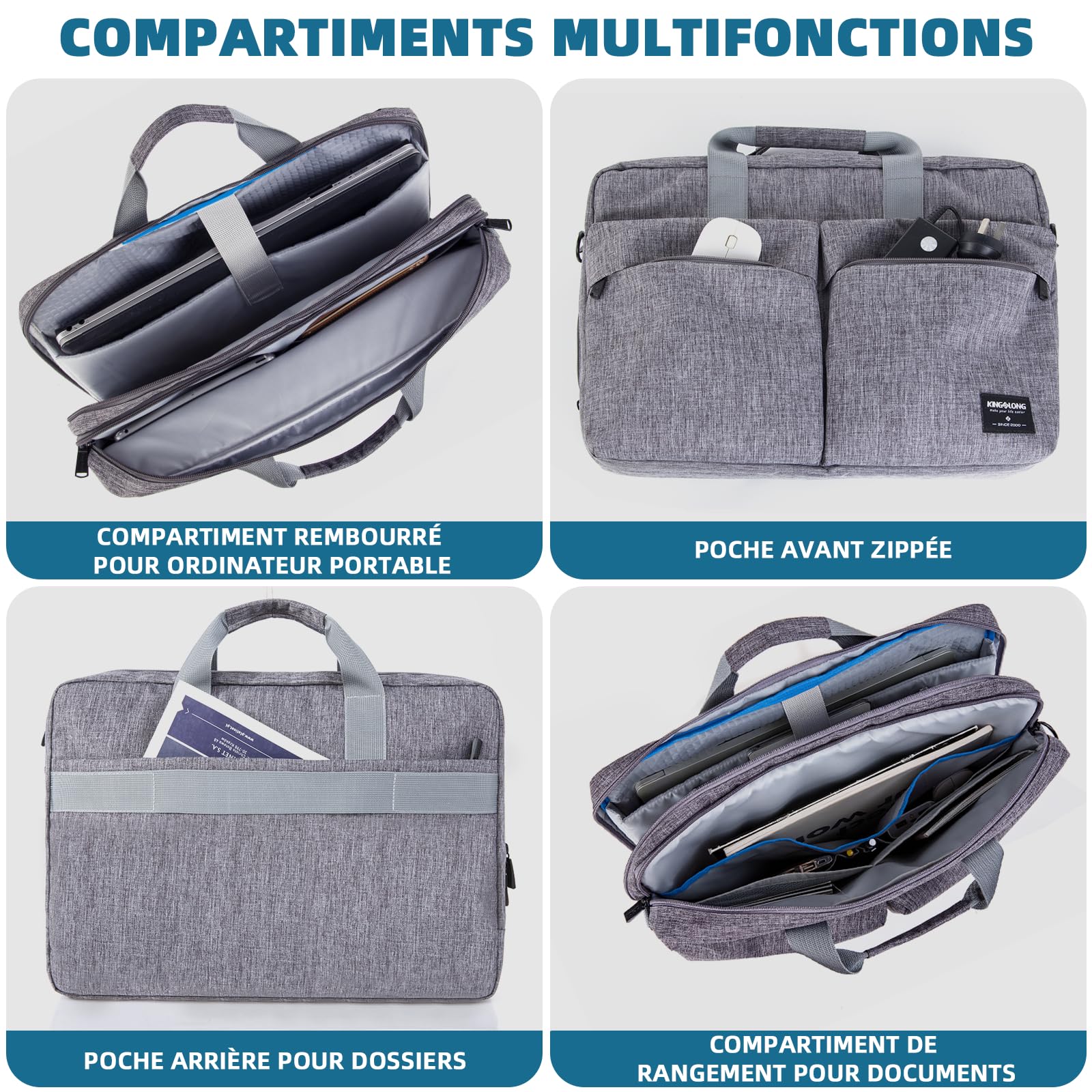 KINGSLONG Sacoche Ordinateur Portable: 17-17,3 Pouces Imperméable Sac Laptop Homme Femme Double Compartiment, Bandoulière Amovible, 2 Grandes Poches Avant – Mallette Business Travail Voyage