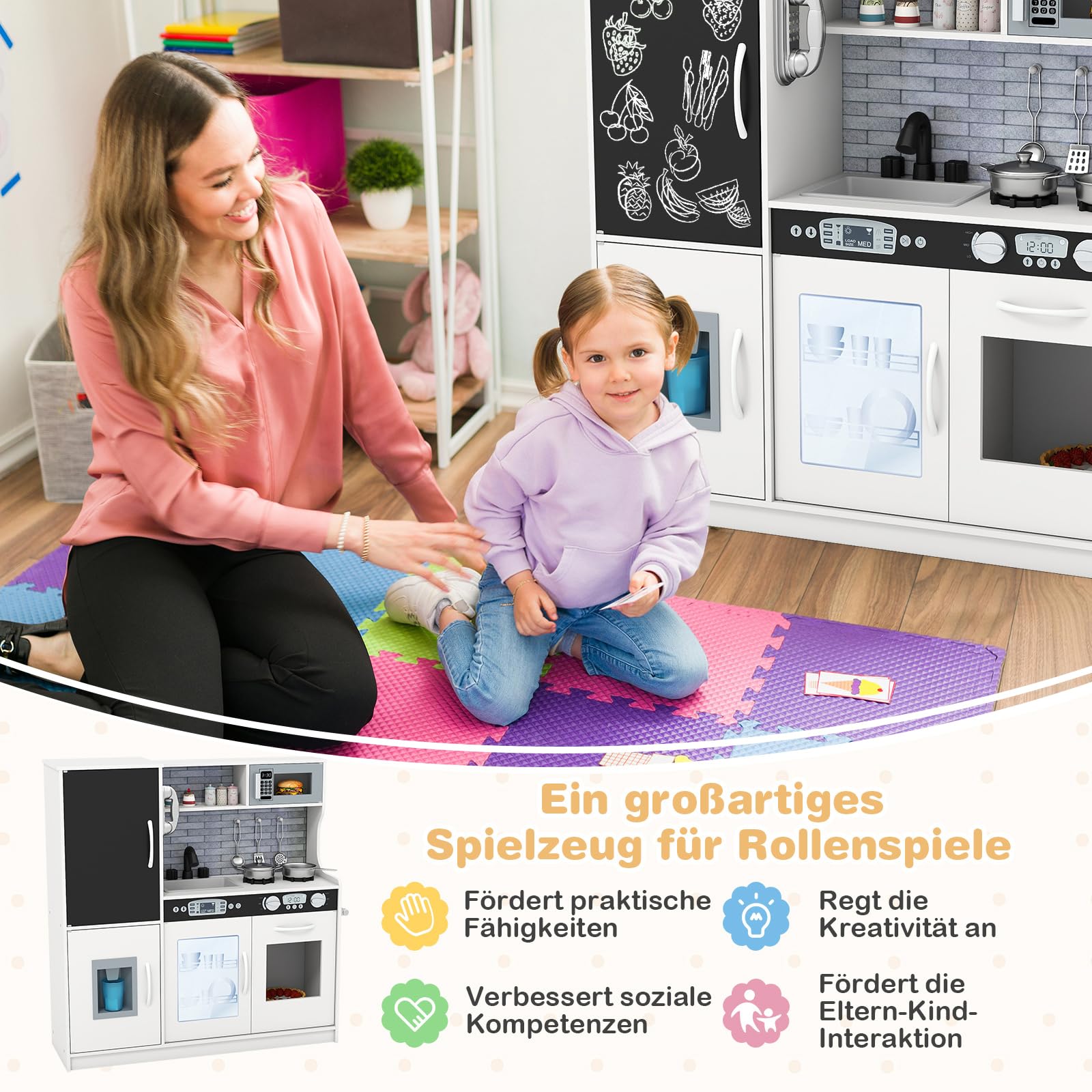 COSTWAY Kuchnia dziecięca z akcesoriami, kuchnia do zabawy, drewniana z tablicą, kuchenką mikrofalową i maszyna do lodów, kuchnia zabawkowa ze zmywarką i piekarnikiem, kuchnia drewniana dla dzieci od