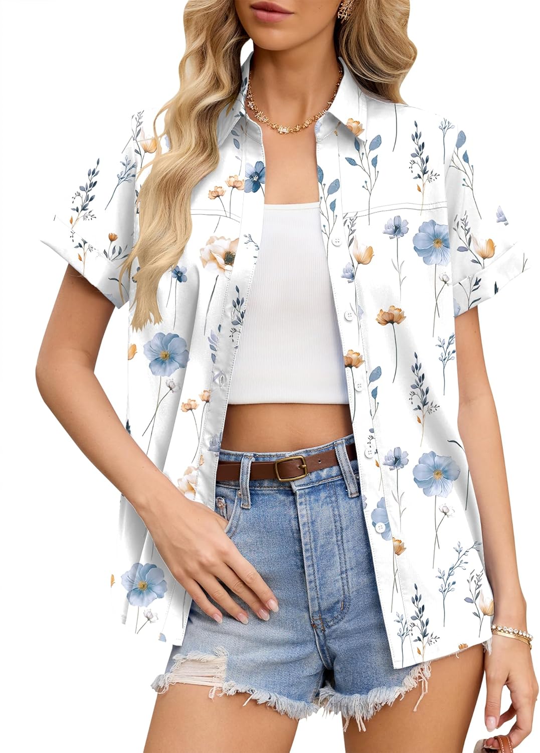 Rapbin Women's Button Down Shirt Short Sleeve Casual Blouse Shirts V Neck Collared Tops - Image 2