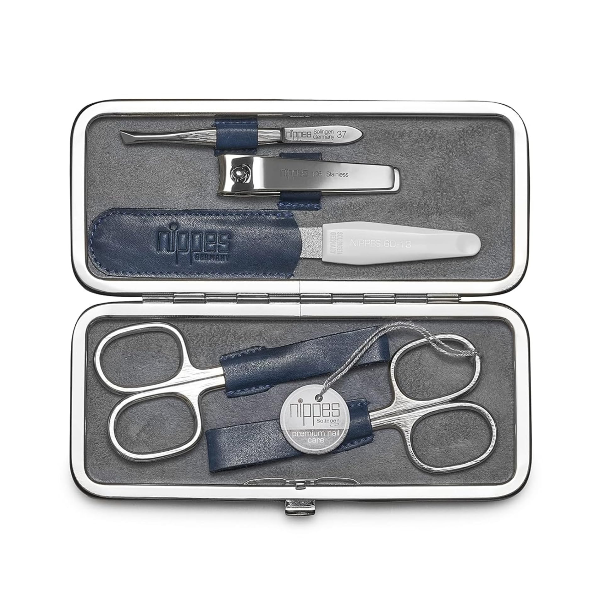nippes Solingen Set Manicure Vintage, 5 pezzi, astuccio in cuoio bovino antico con cornice, strumenti nichelati, morbida pelle scamosciata interna, set unghie Made in Solingen/Germany