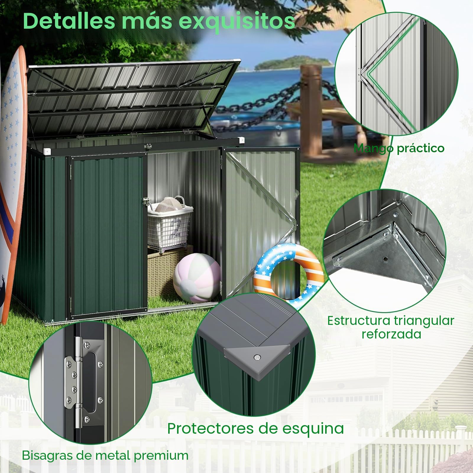 HOMASIS Cobertizo de Jardín, Caseta Metálica con Tapa Abatible de Exterior, Cobertizo de Herramientas con Doble Puerta, Alta Resistencia para Granja, Terraza, 172x101x130cm, Gris (Verde)