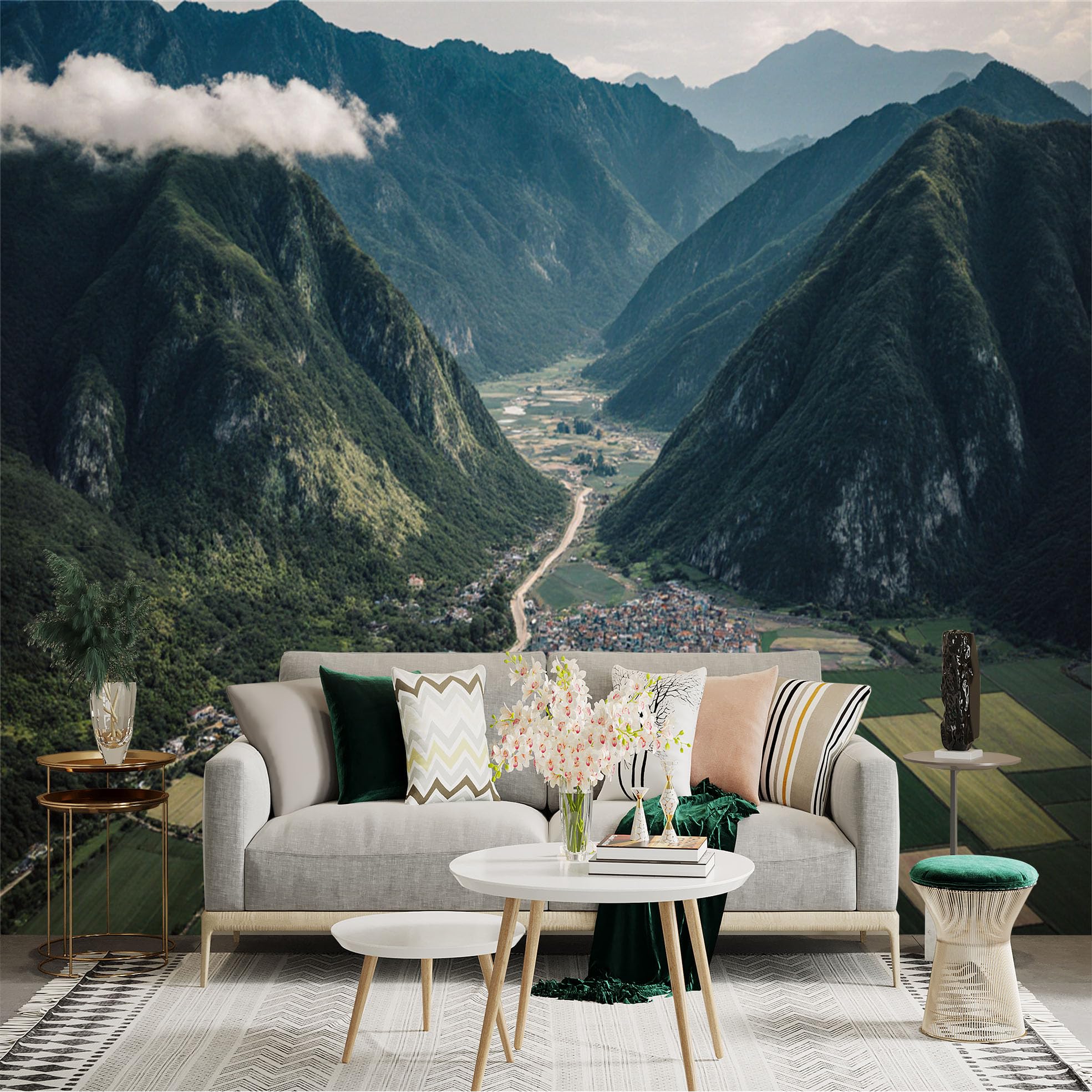 Lnzczhyre Xc260505869 Custom Size Wall Sticker Mural， Scenic Mountain Valley， Green Agricultural Fields， Small Village Landscape， Natural Morning Scenery， For Wall Decoration， Peelandstick Wall Decals.